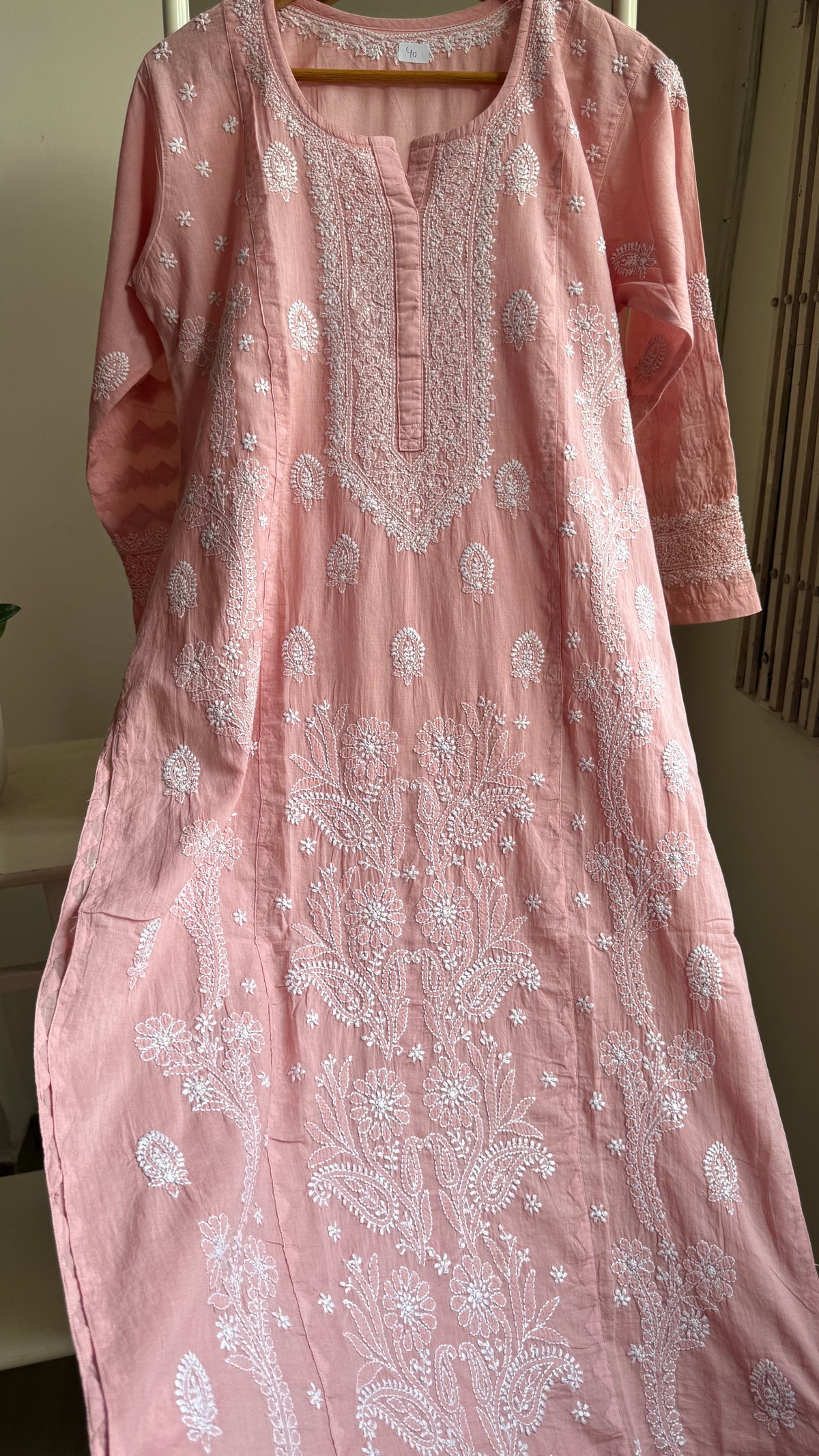 Mul Cotton Chikankari Kurti with white thread work - Rose Pink - Fiza Collection
