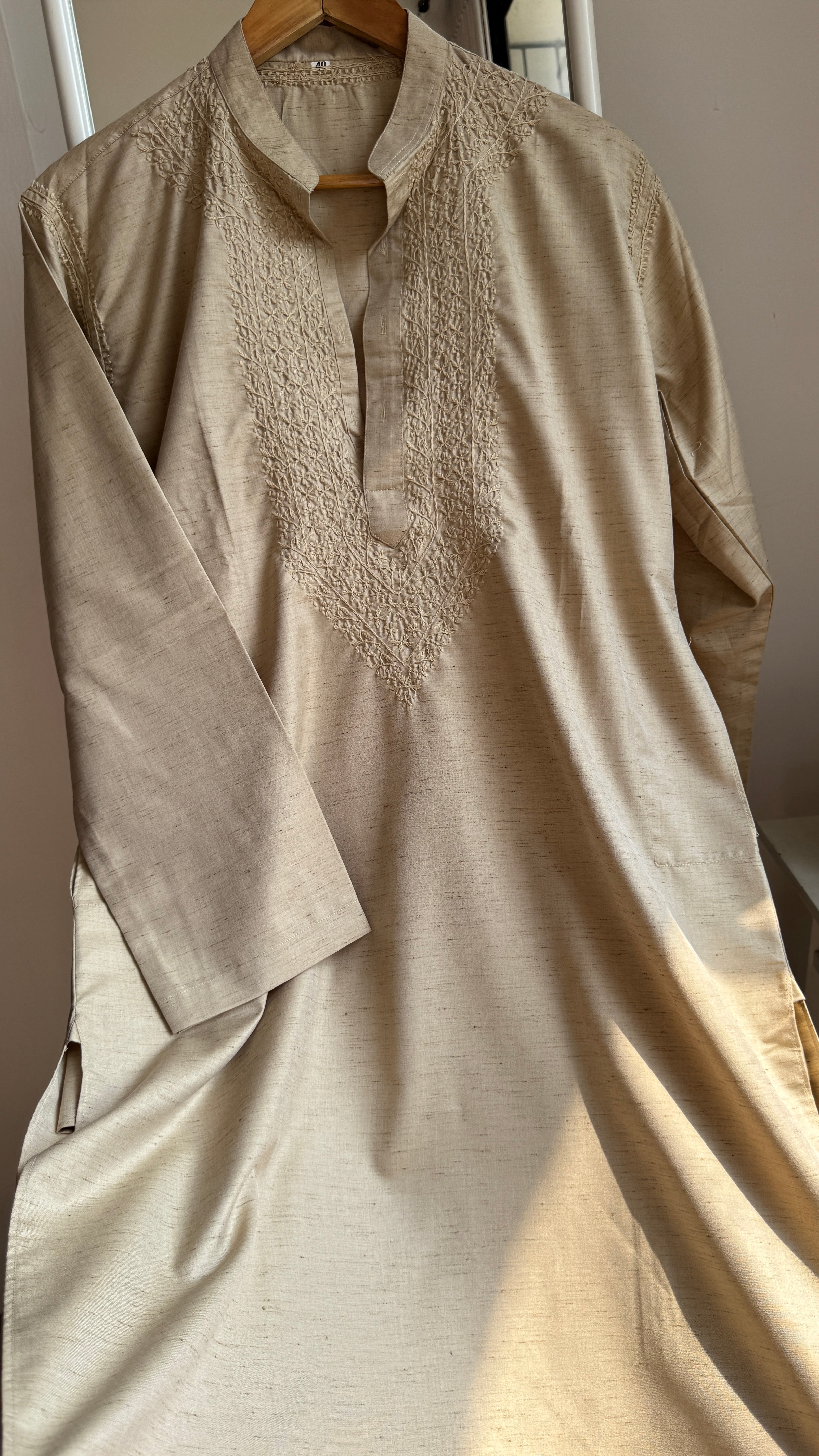 Cotton Chikankari Kurta - Beige  - Men's Collection