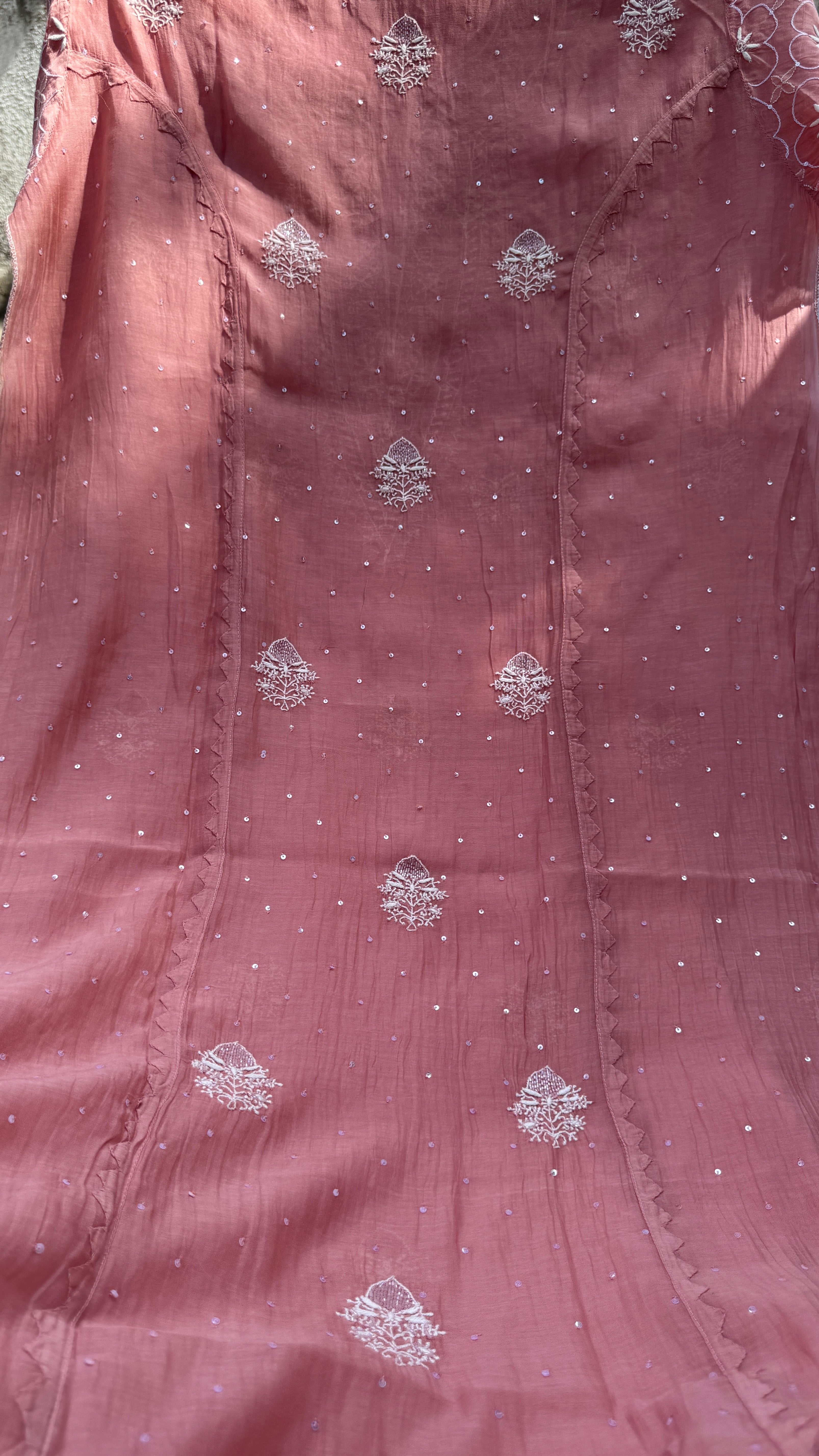 Mul Chanderi Chikankari - Unstitched Set - Rosewood