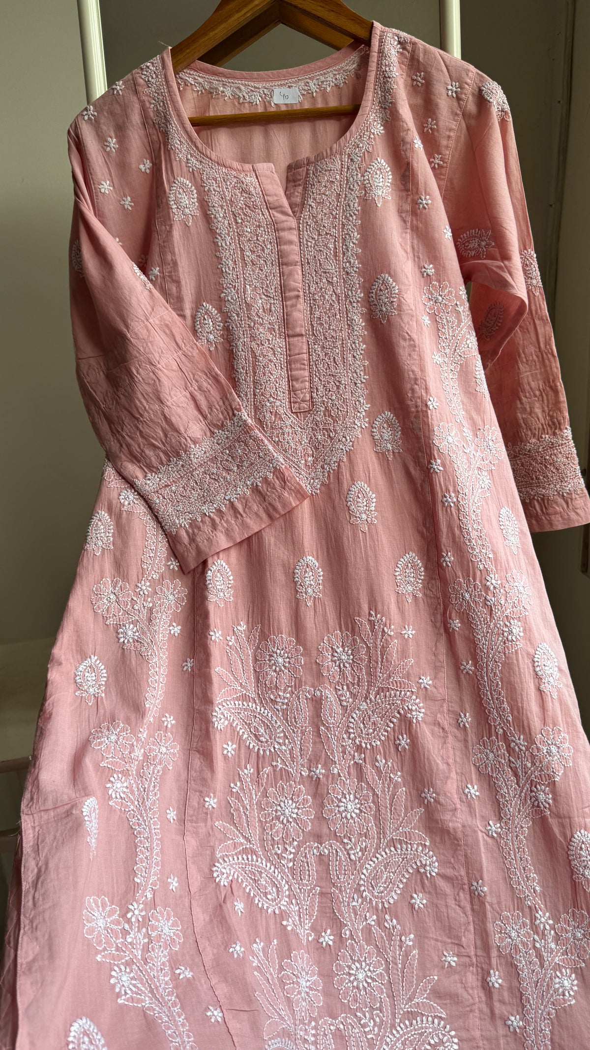 Mul Cotton Chikankari Kurti with white thread work - Rose Pink - Fiza Collection