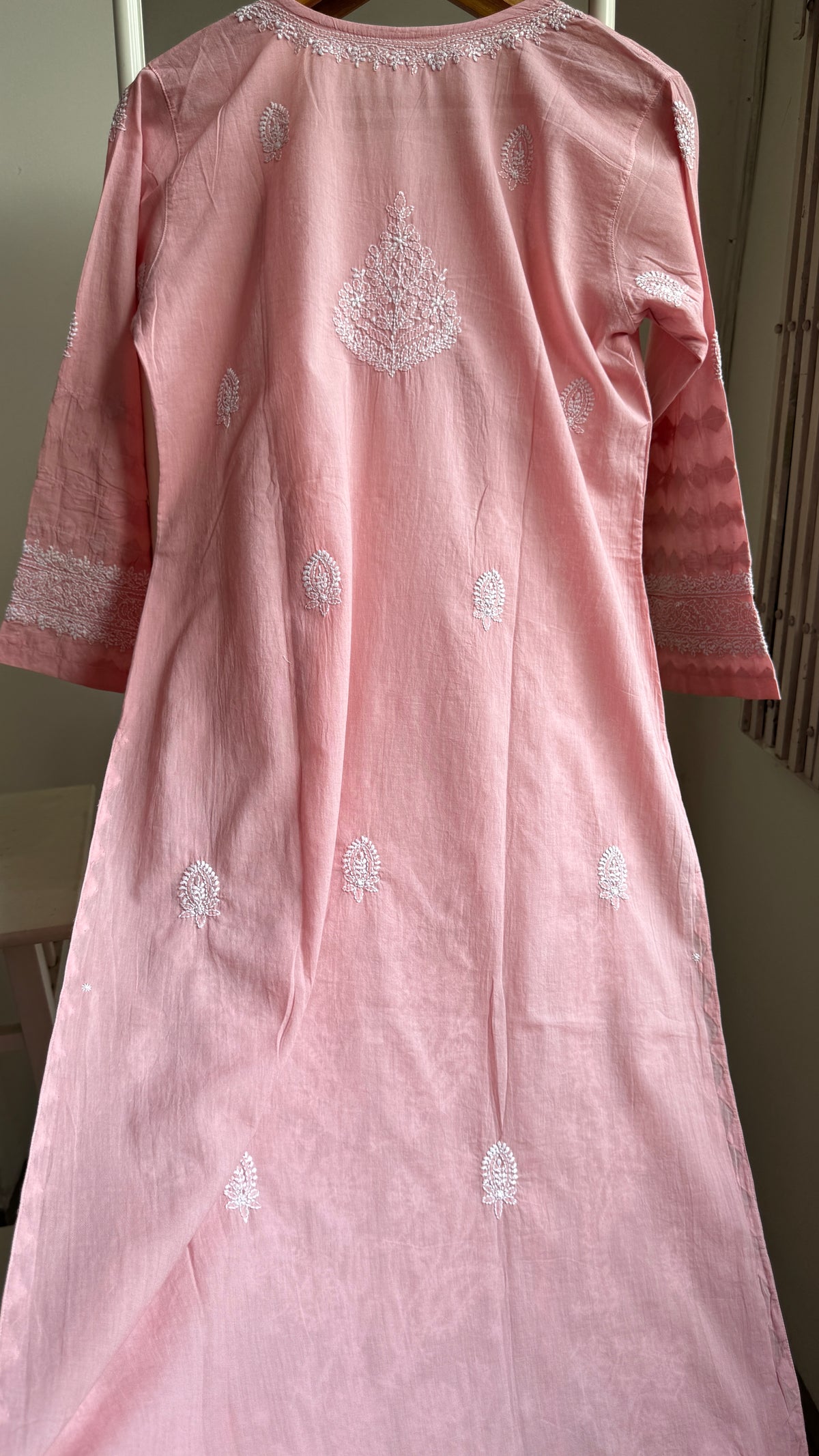 Mul Cotton Chikankari Kurti with white thread work - Rose Pink - Fiza Collection