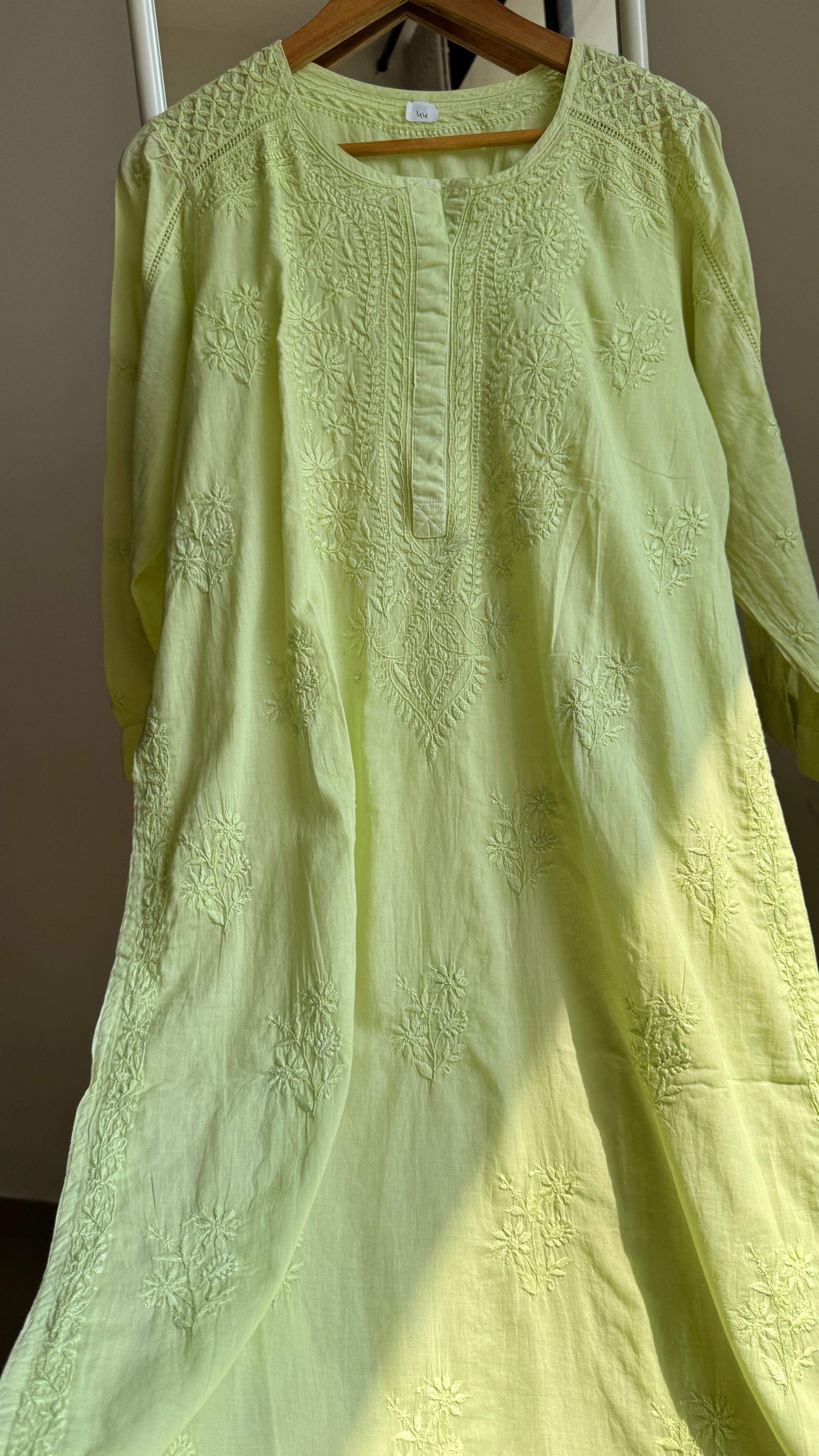 Mul Cotton Apple Green Chikankari Kurti - Saaz Collection