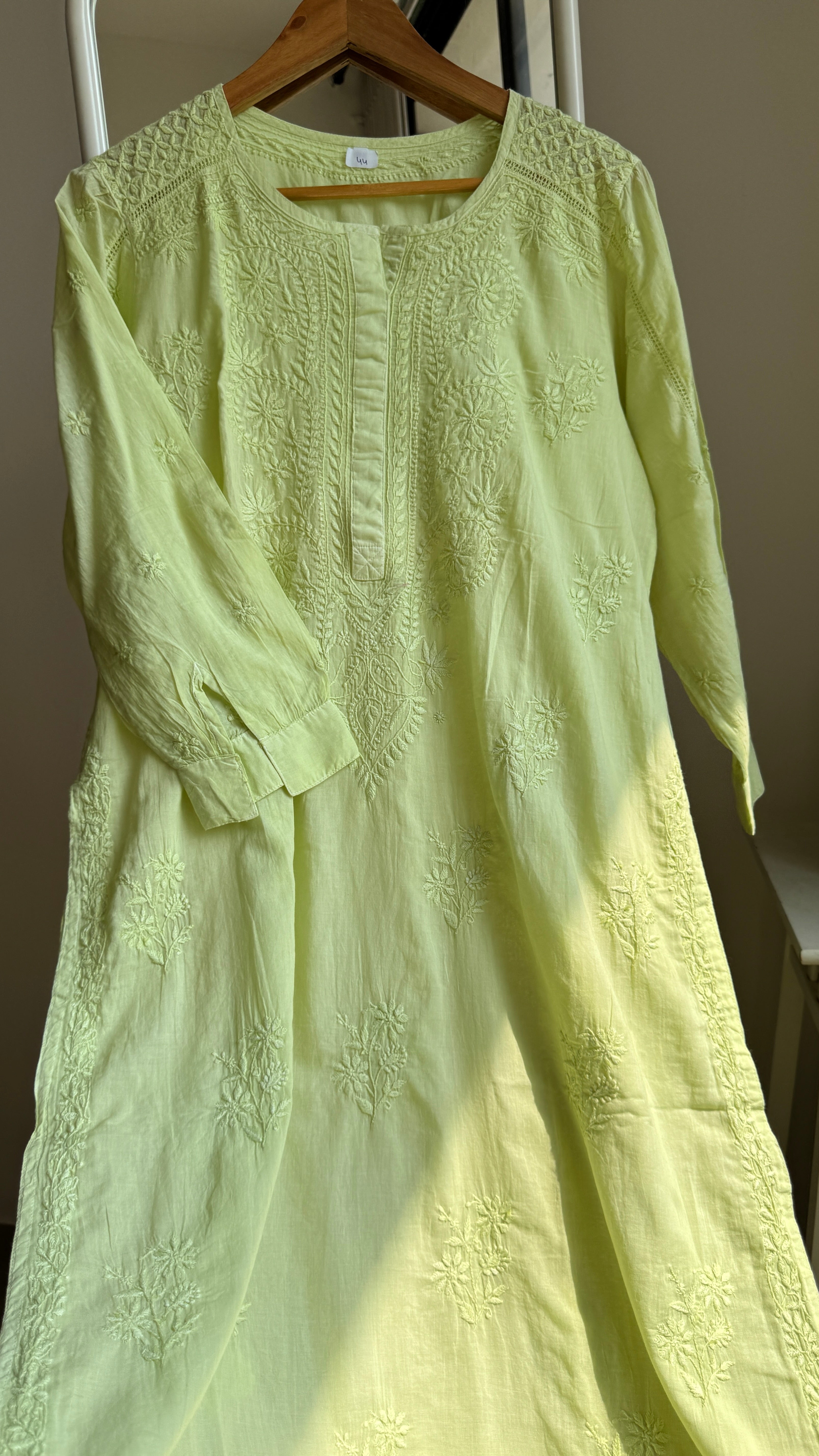 Mul Cotton Apple Green Chikankari Kurti - Saaz Collection