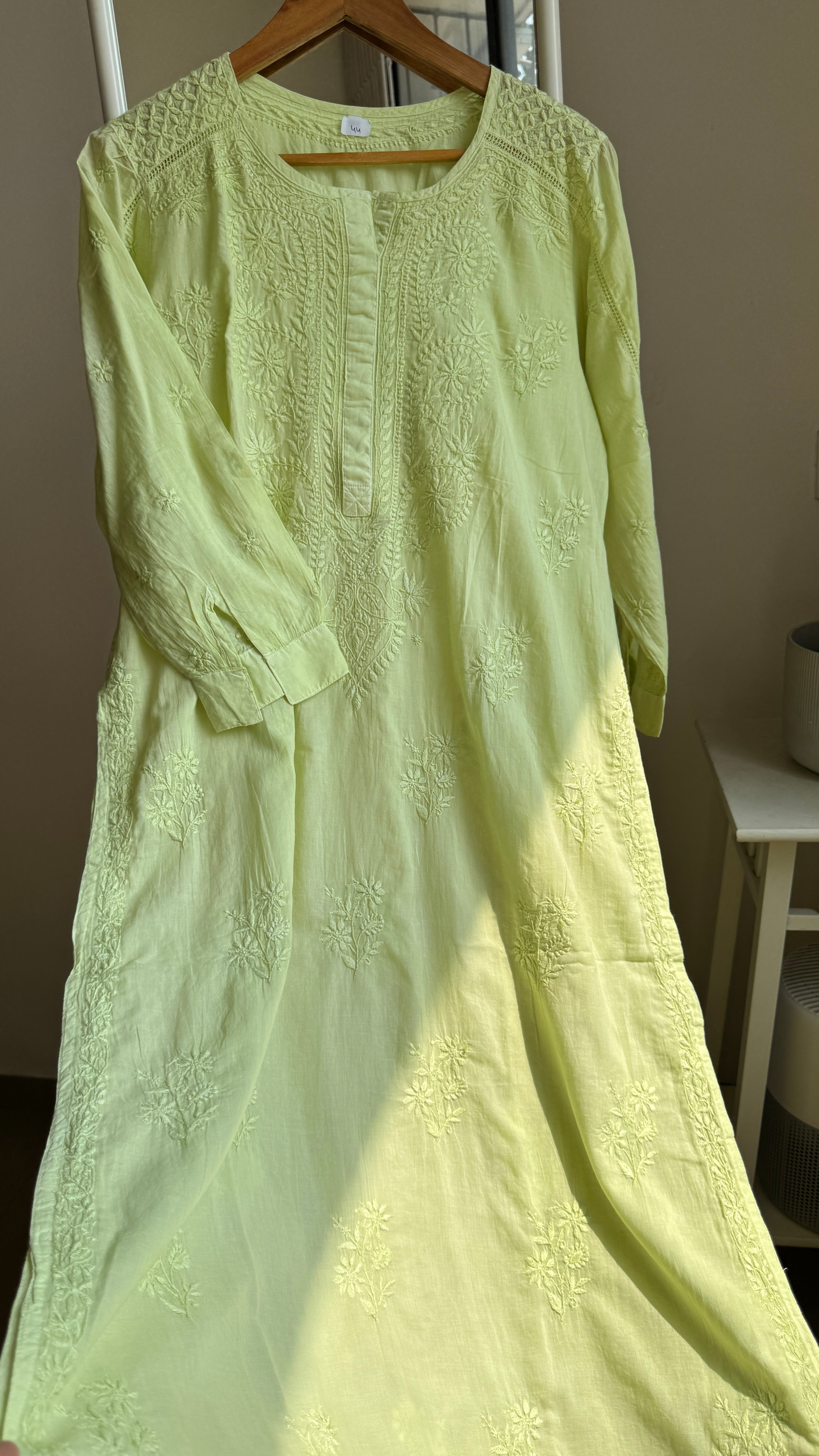 Mul Cotton Apple Green Chikankari Kurti - Saaz Collection