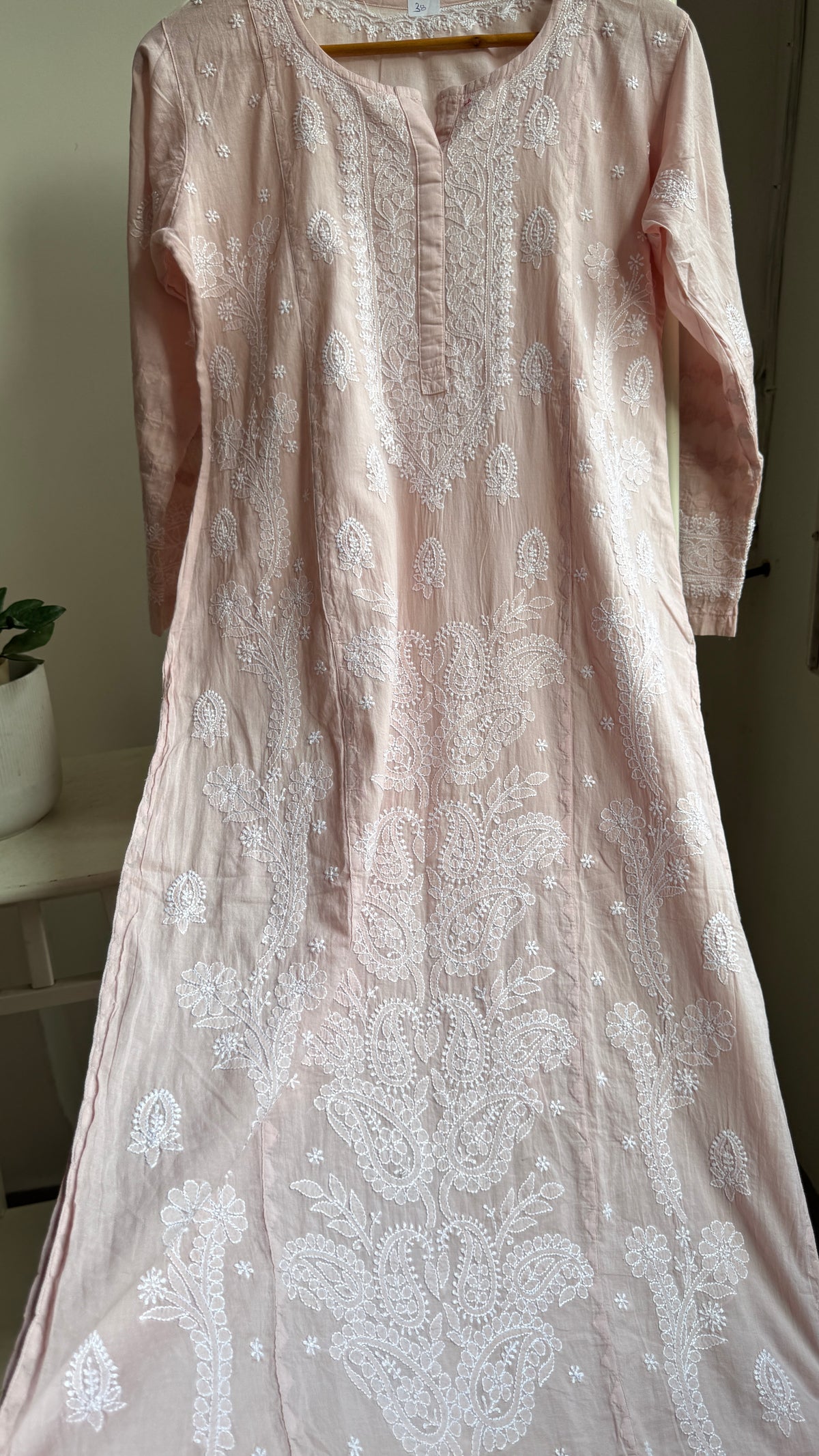 Mul Cotton Chikankari Kurti with white thread work - Pale Pink - Fiza Collection