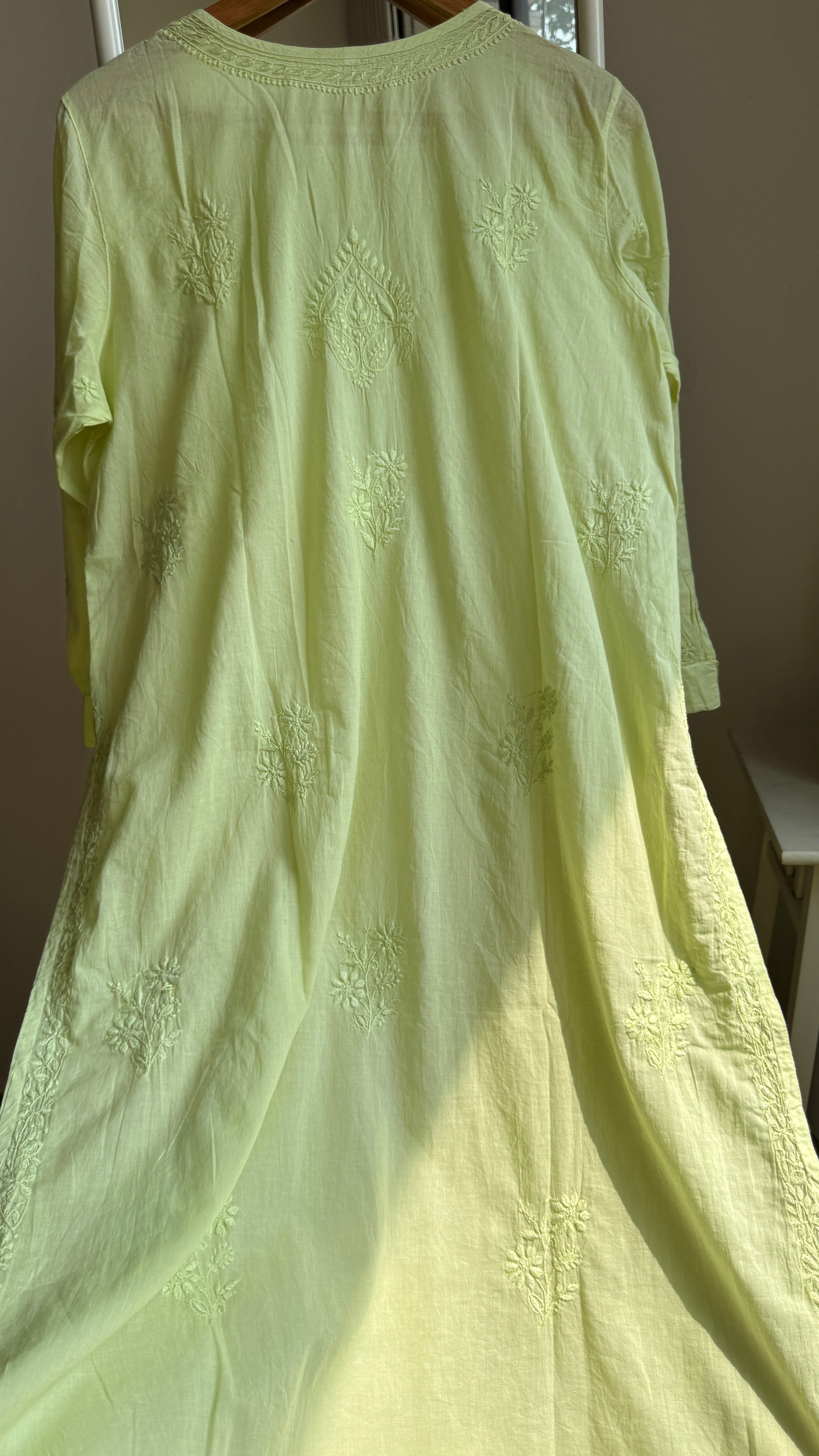 Mul Cotton Apple Green Chikankari Kurti - Saaz Collection