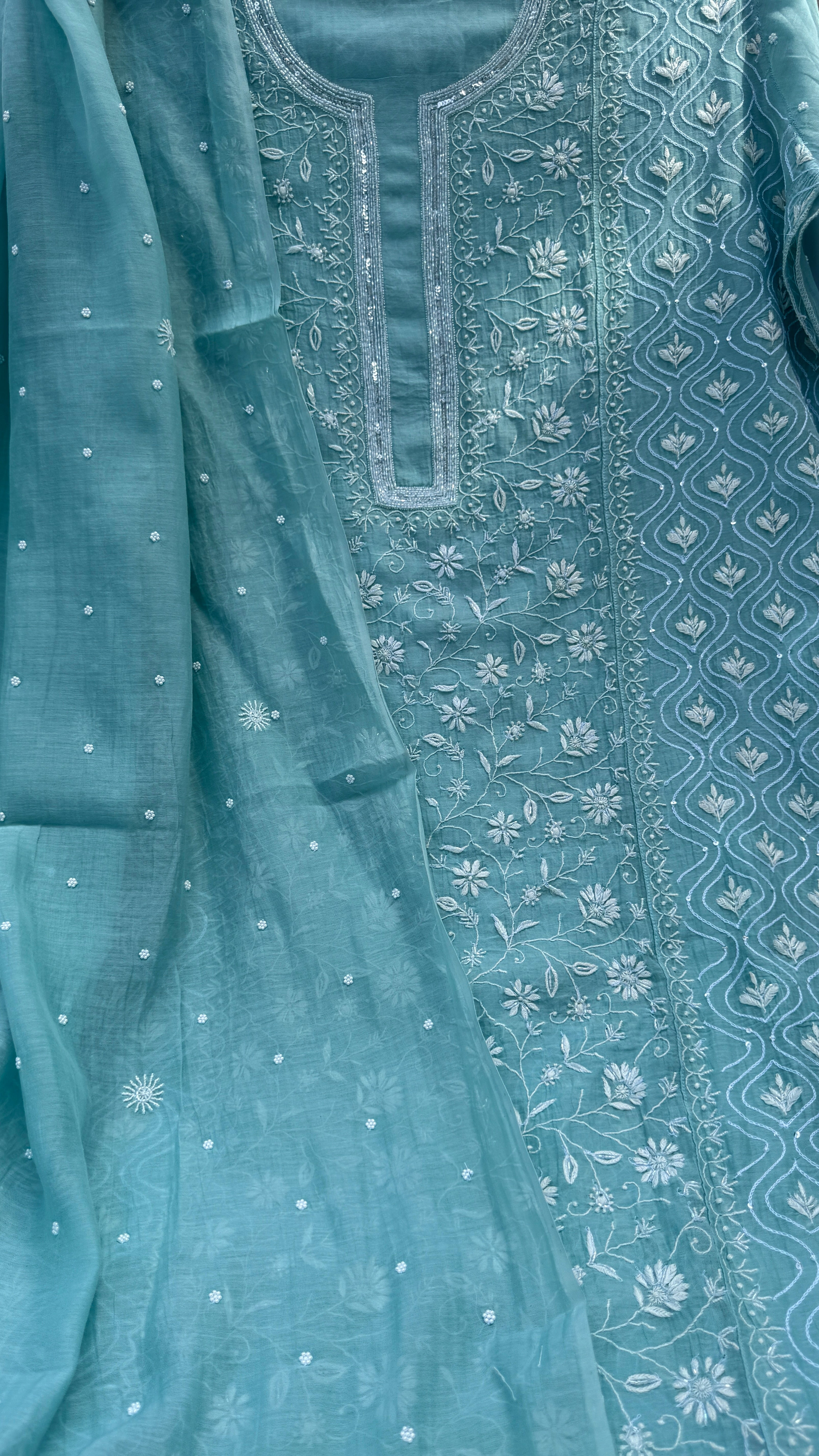 Mul Chanderi Chikankari - Unstitched Set - Turquoise Blue