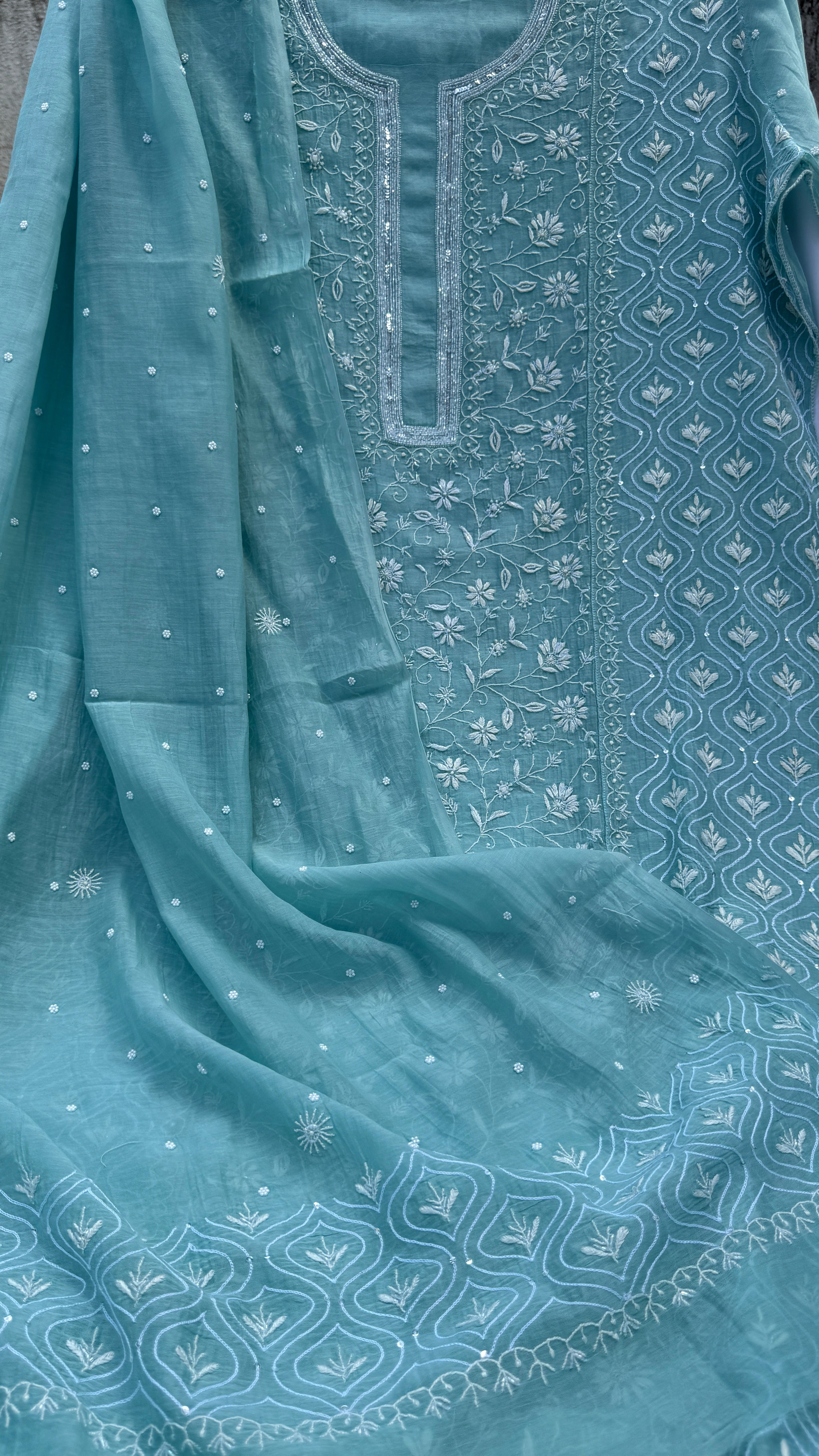 Mul Chanderi Chikankari - Unstitched Set - Turquoise Blue