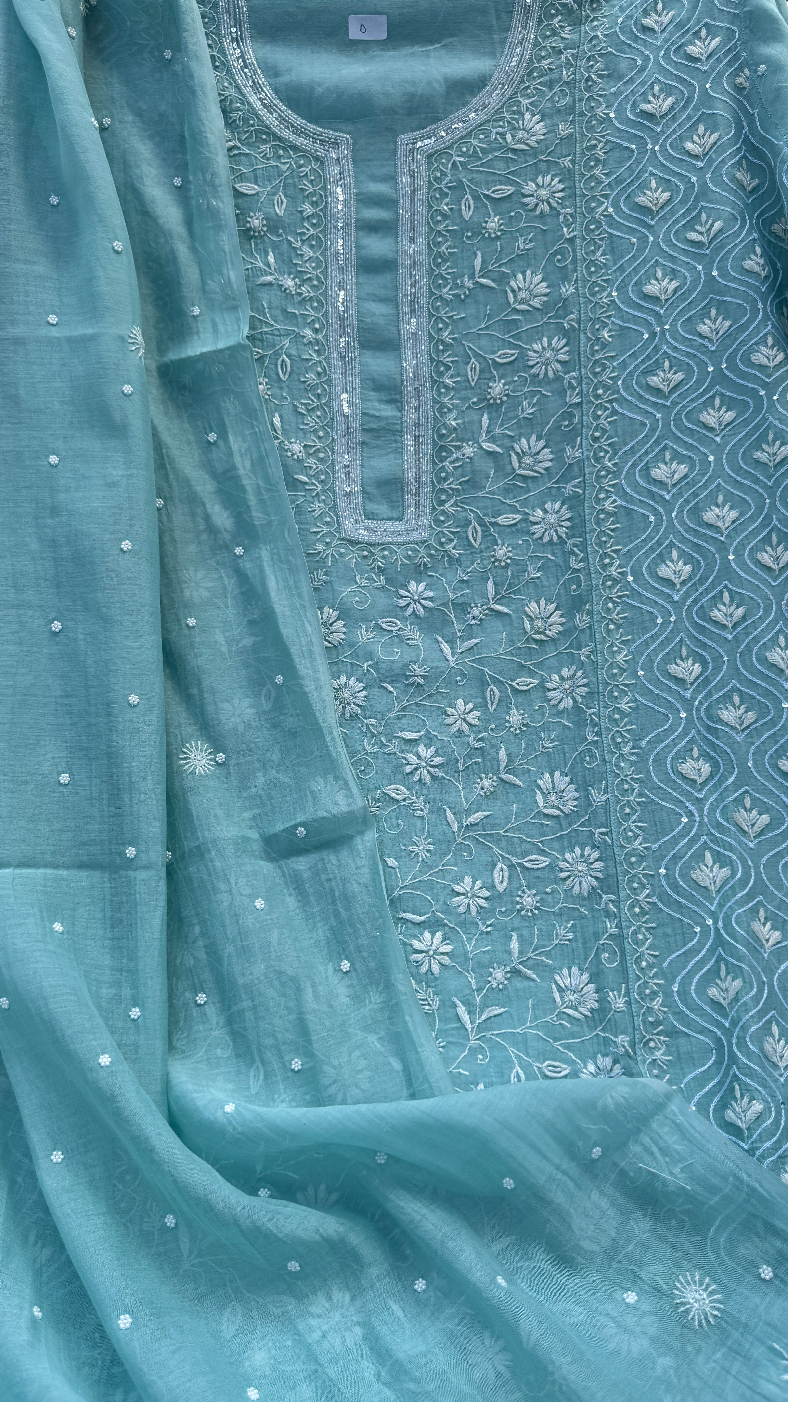 Mul Chanderi Chikankari - Unstitched Set - Turquoise Blue
