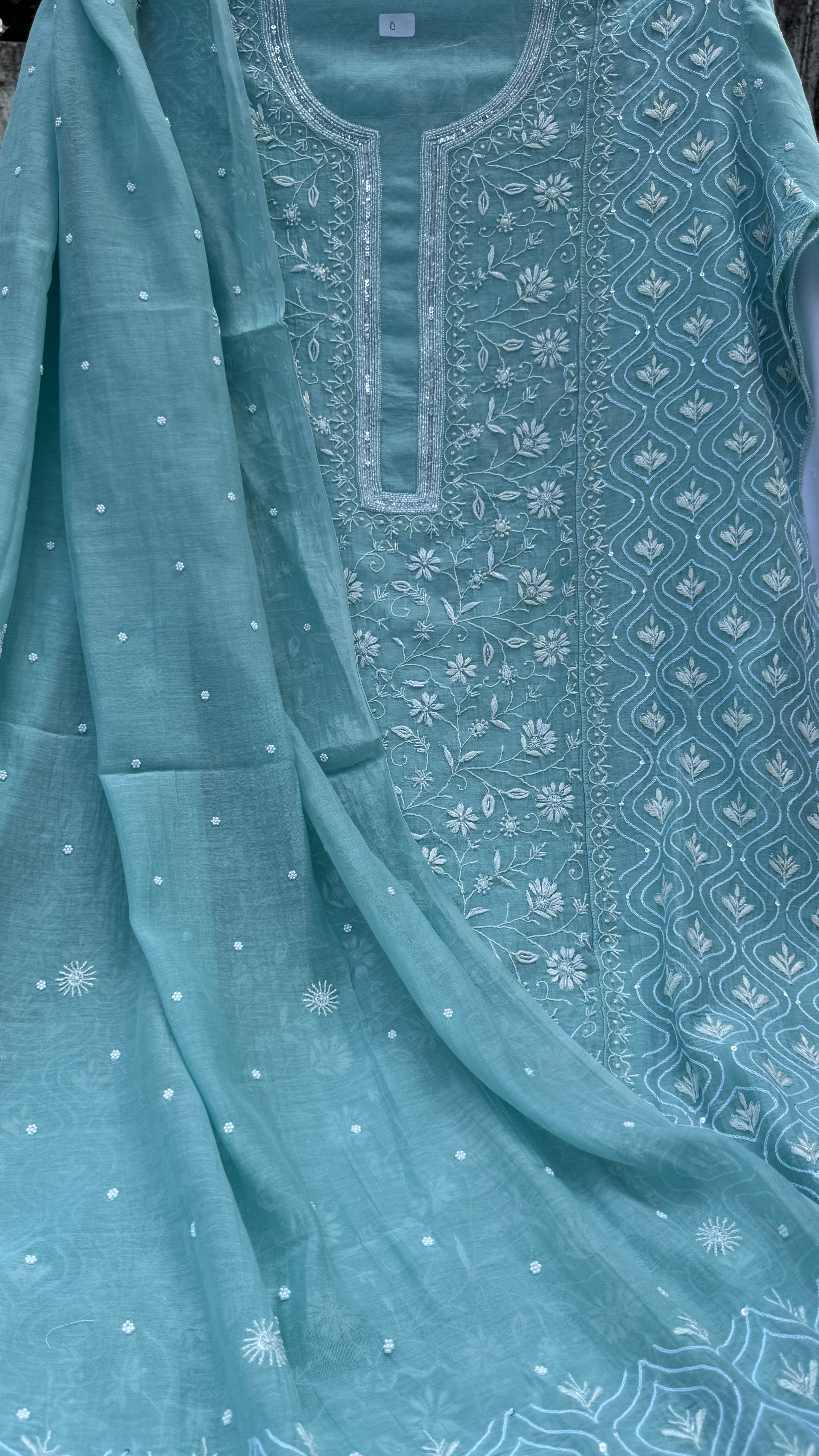 Mul Chanderi Chikankari - Unstitched Set - Turquoise Blue