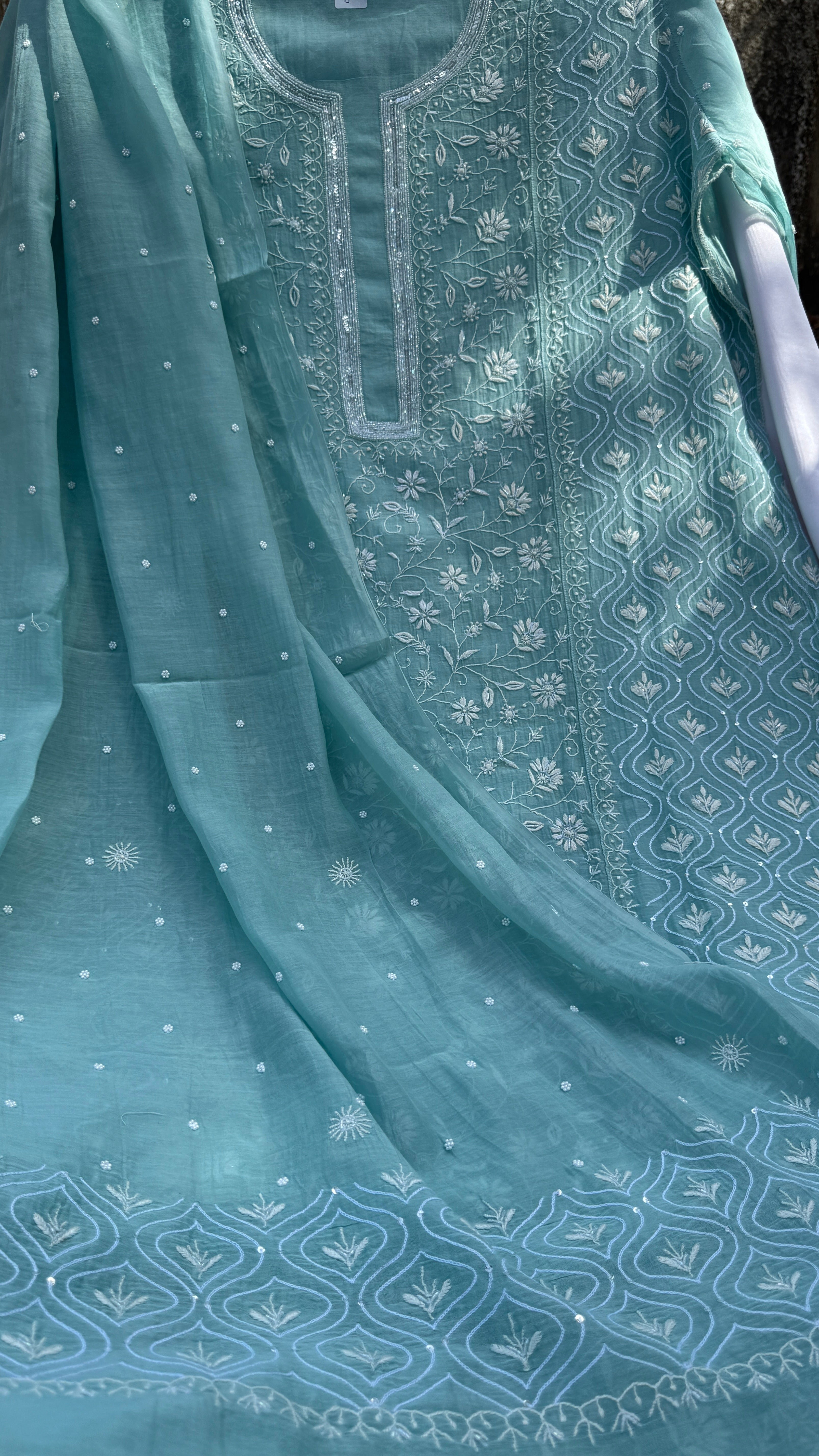 Mul Chanderi Chikankari - Unstitched Set - Turquoise Blue