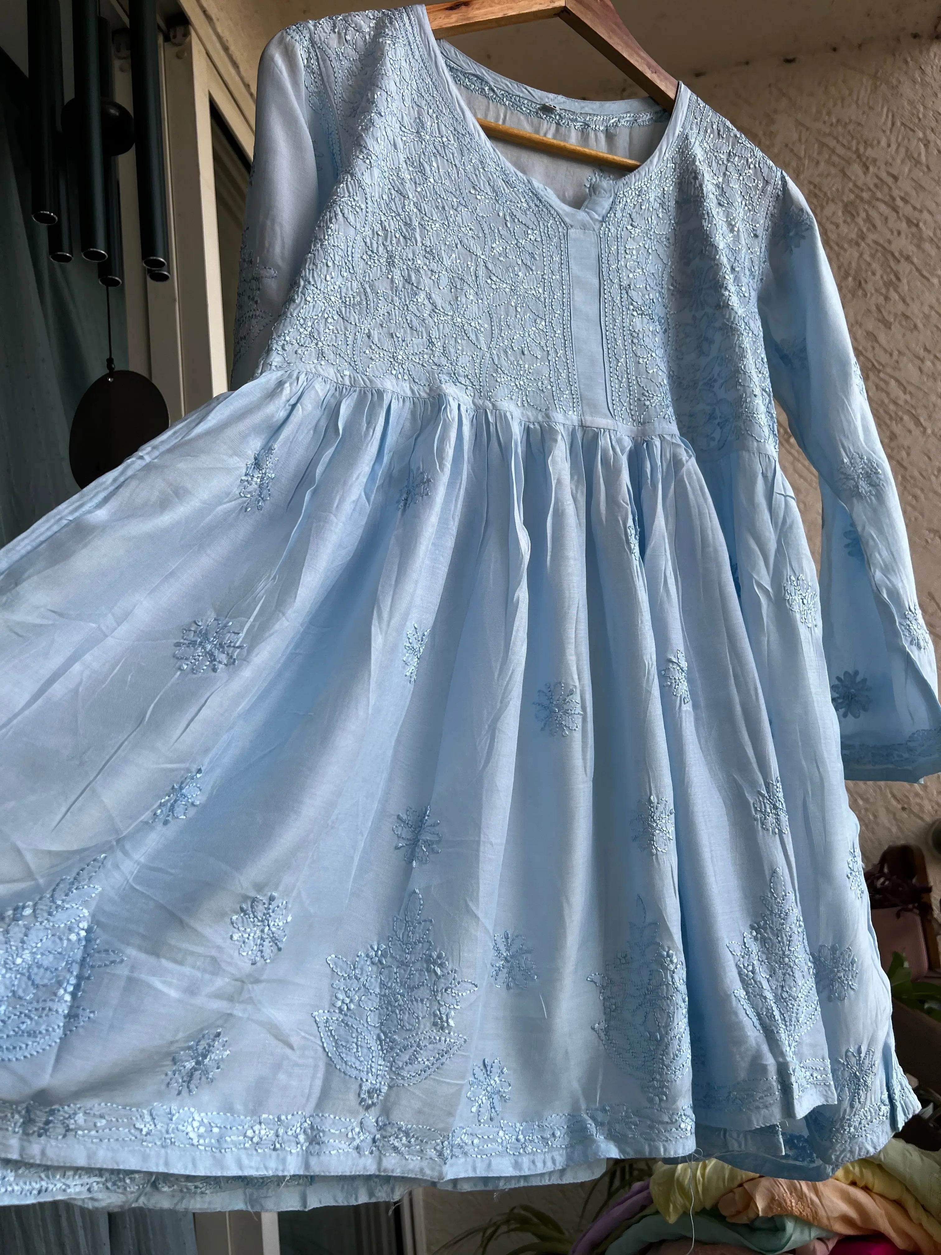 Chikankari Muslin Peplum short Top in Blue - ARIAA CHIKANKARI