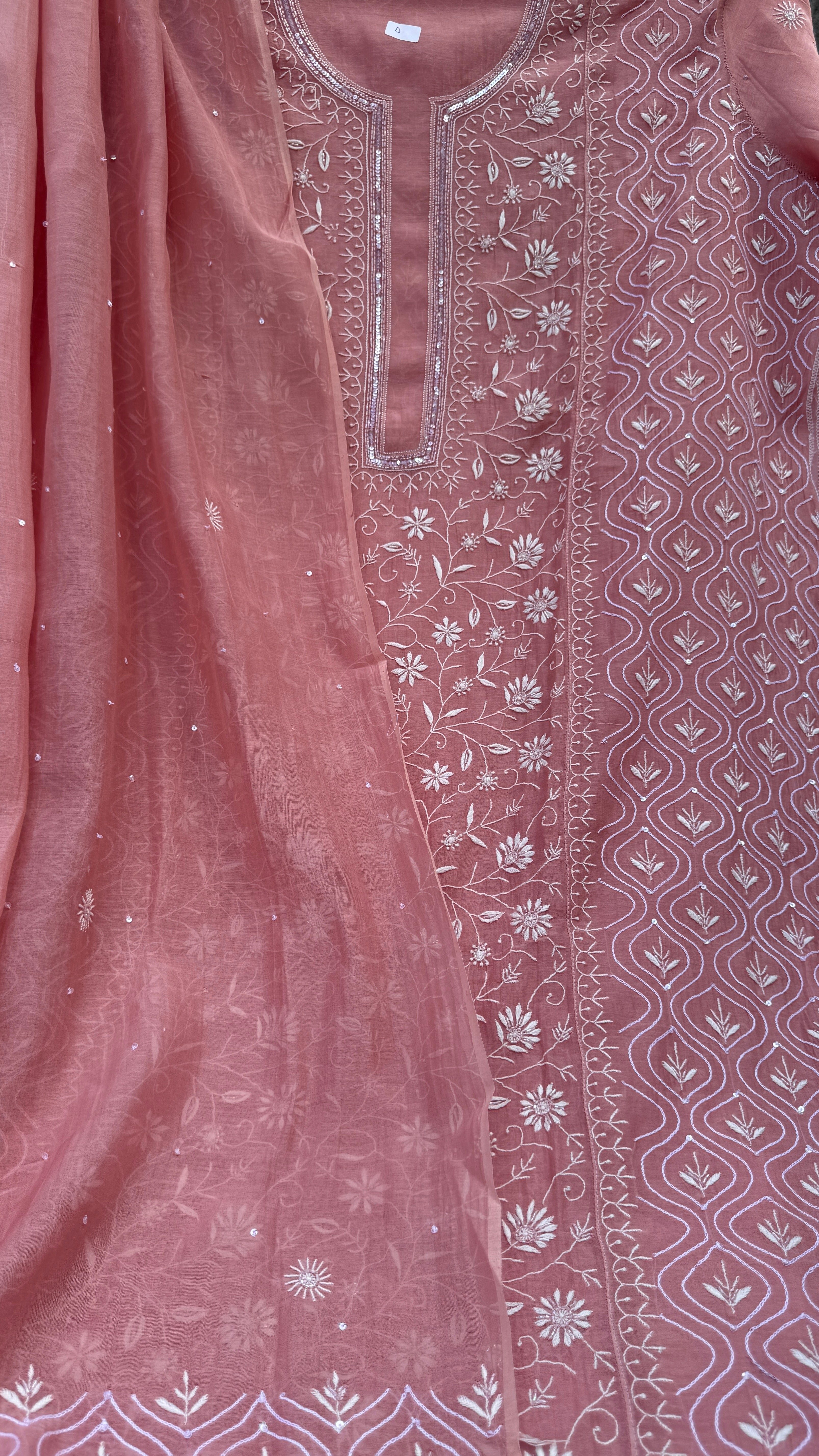 Mul Chanderi Chikankari - Unstitched Set - Rosewood Pink