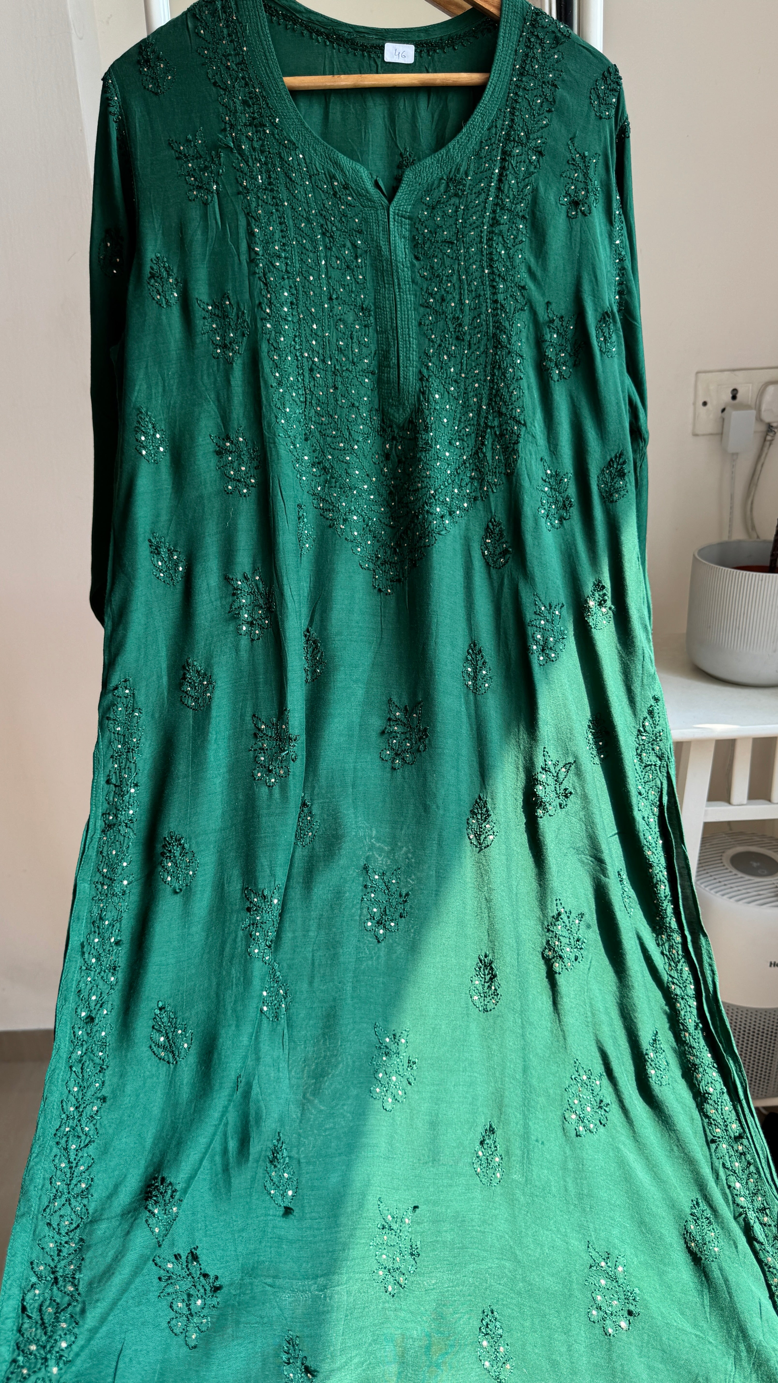 Muslin Chikankari Kurti with Mukaish work - Pine Green