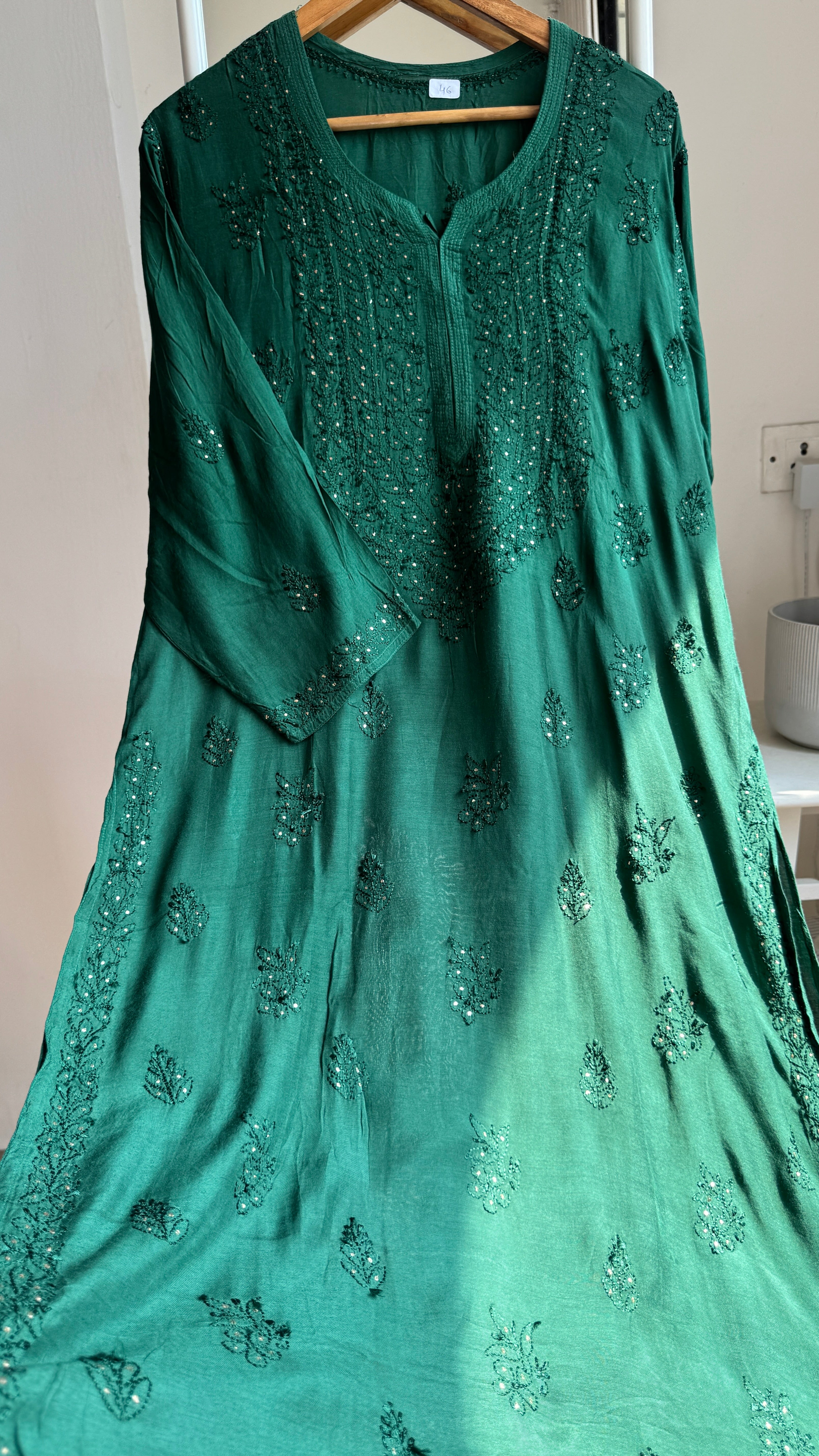 Muslin Chikankari Kurti with Mukaish work - Pine Green