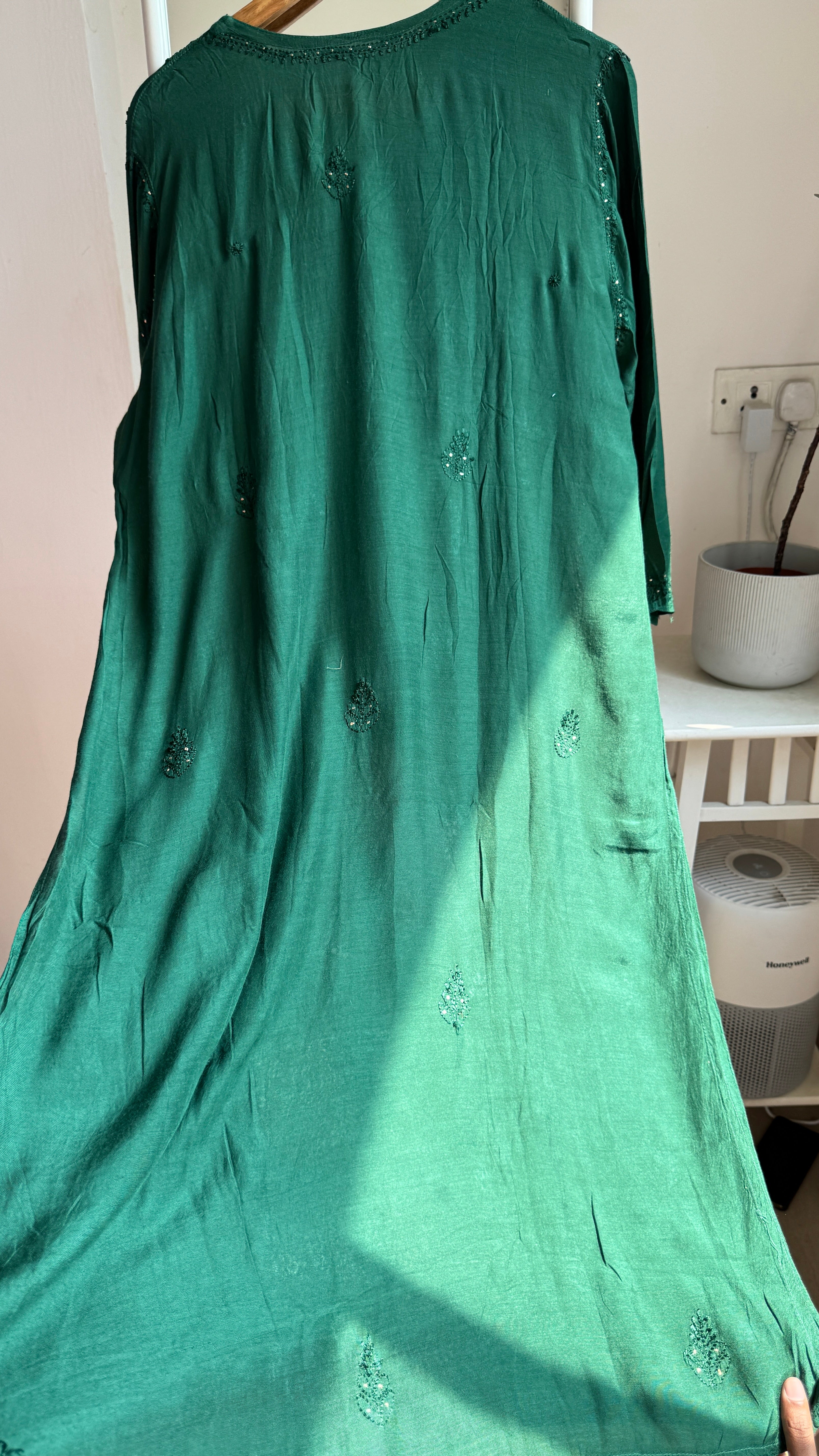 Muslin Chikankari Kurti with Mukaish work - Pine Green