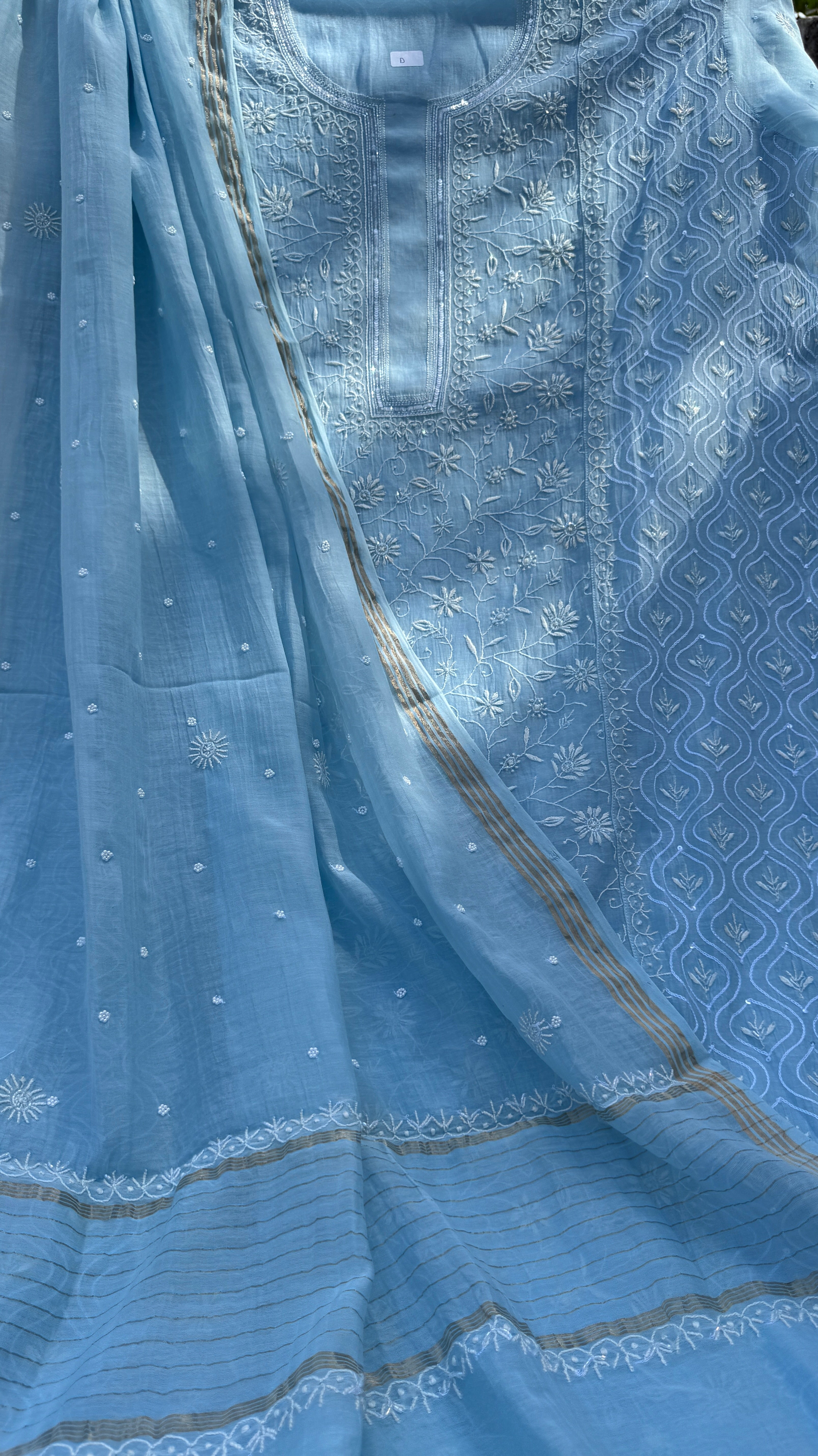 Mul Chanderi Chikankari - Unstitched Set - Blue