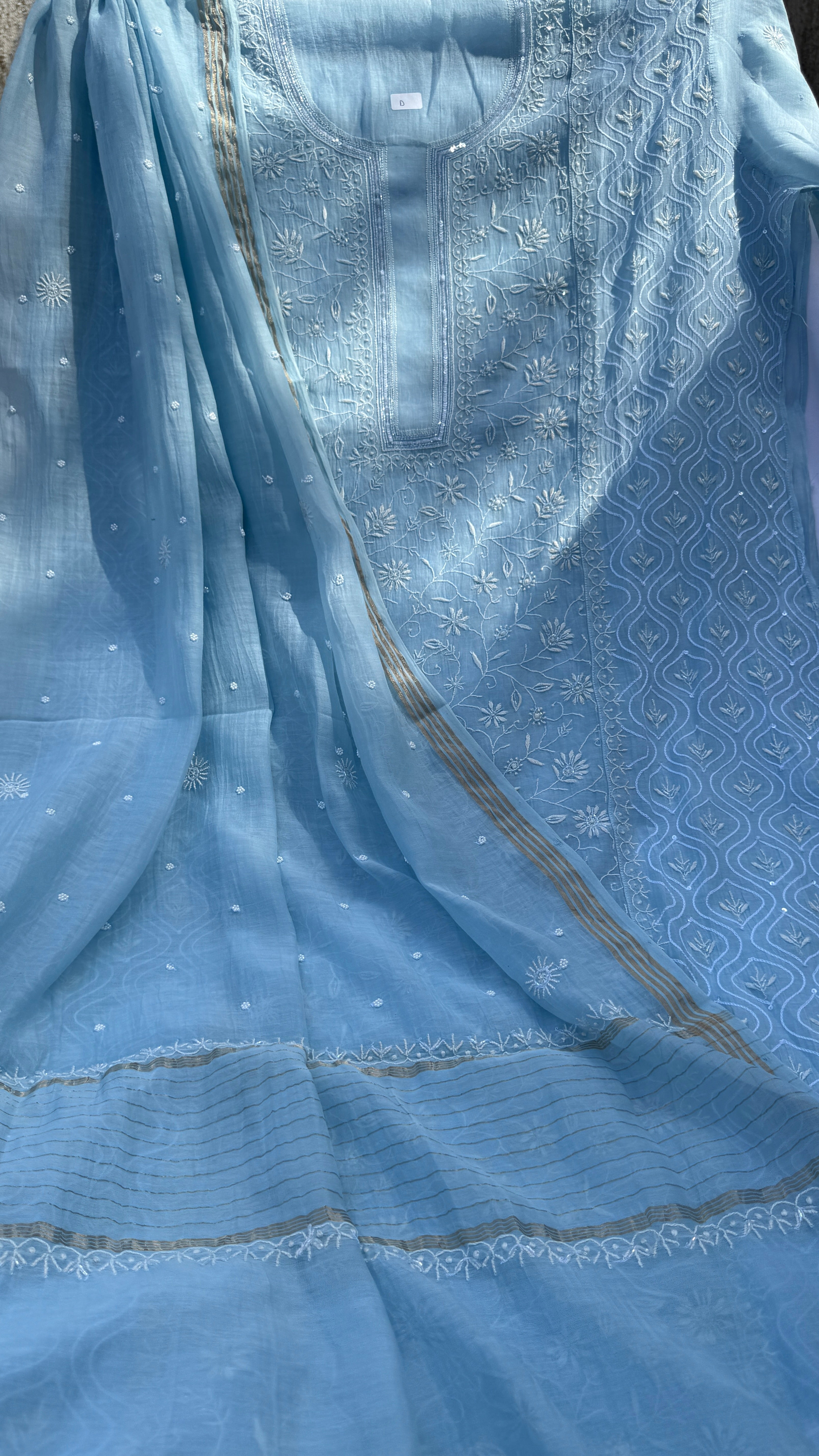 Mul Chanderi Chikankari - Unstitched Set - Blue