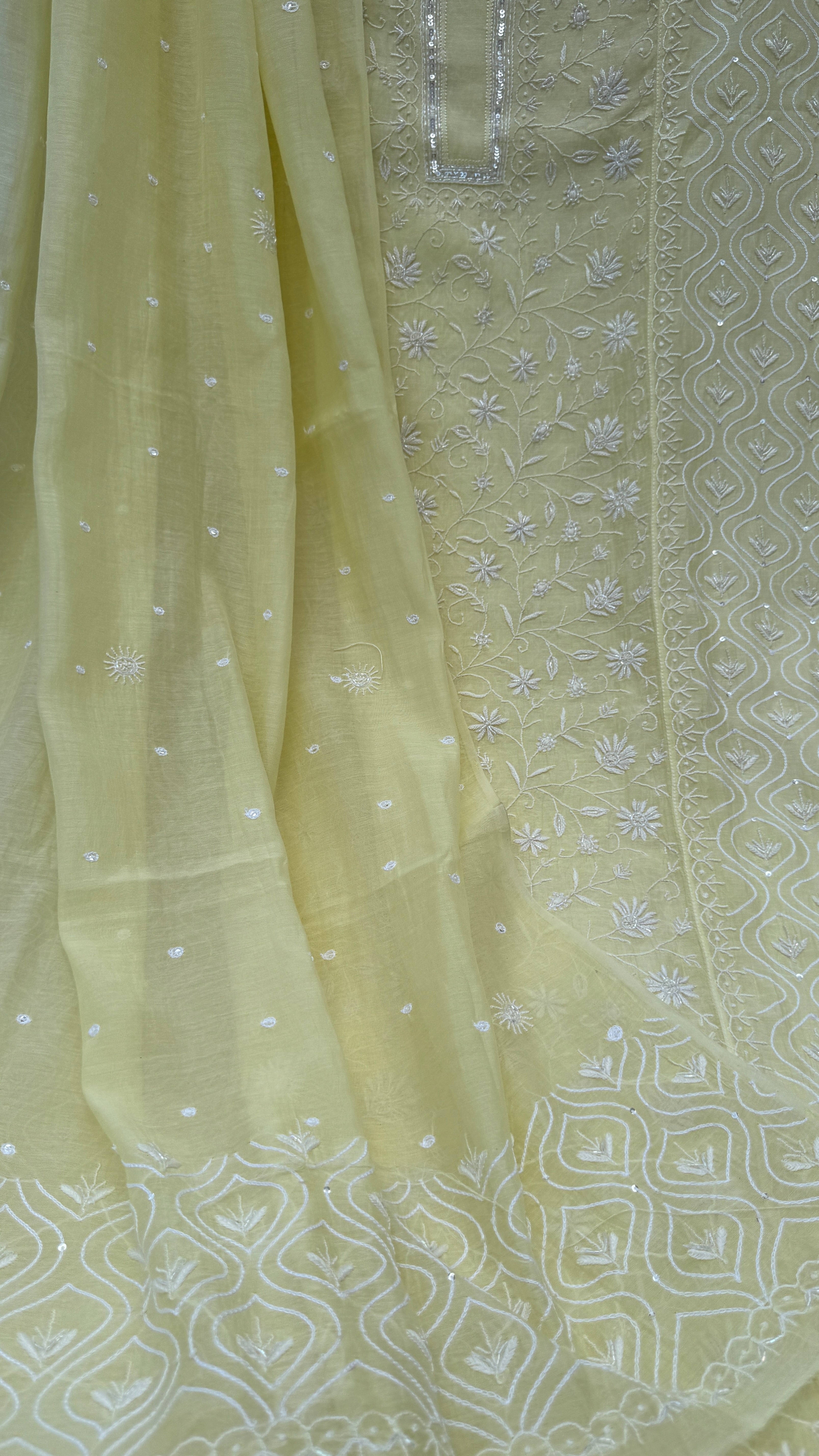 Mul Chanderi Chikankari - Unstitched Set - Butter Cream Yellow