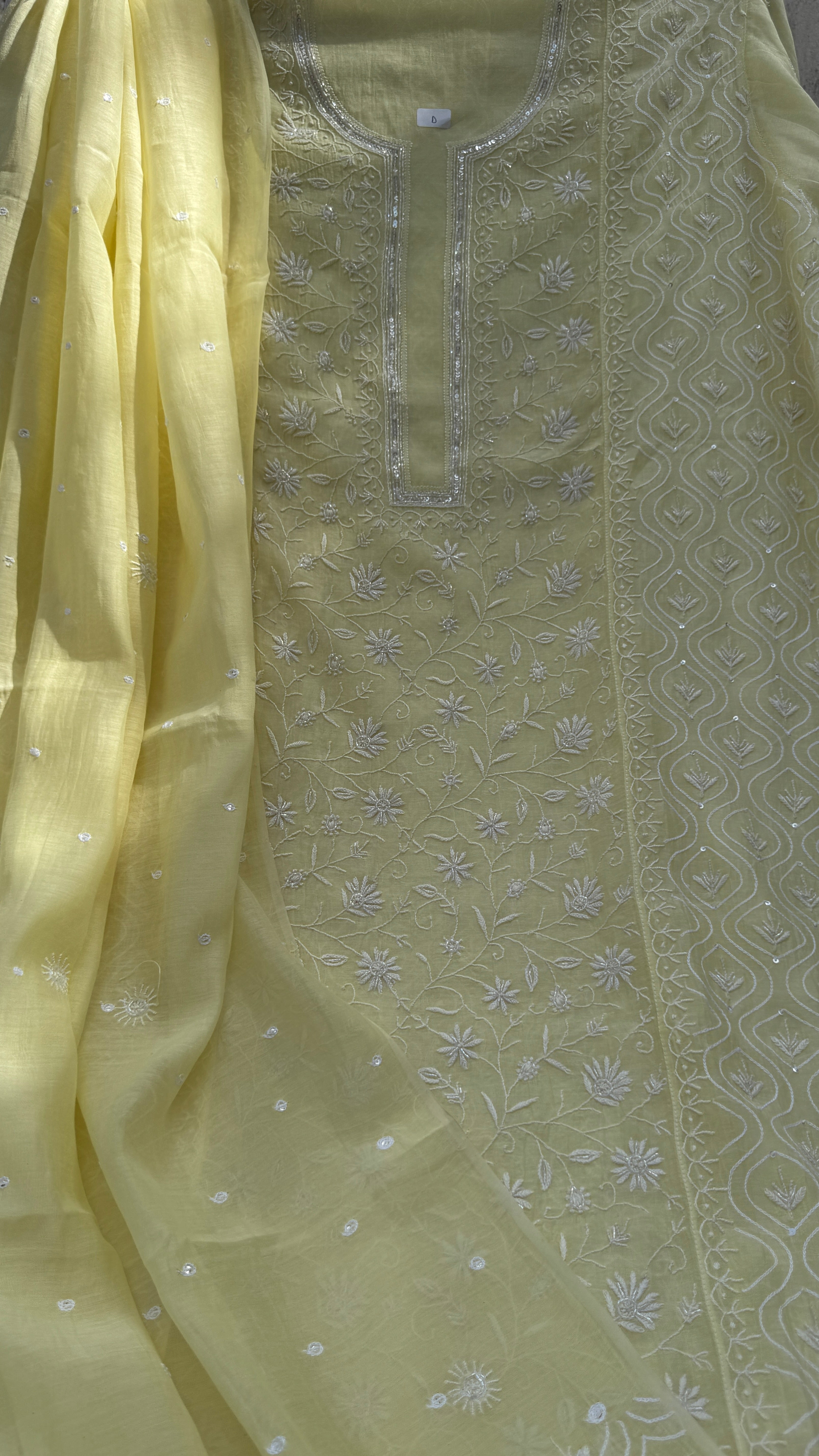 Mul Chanderi Chikankari - Unstitched Set - Butter Cream Yellow