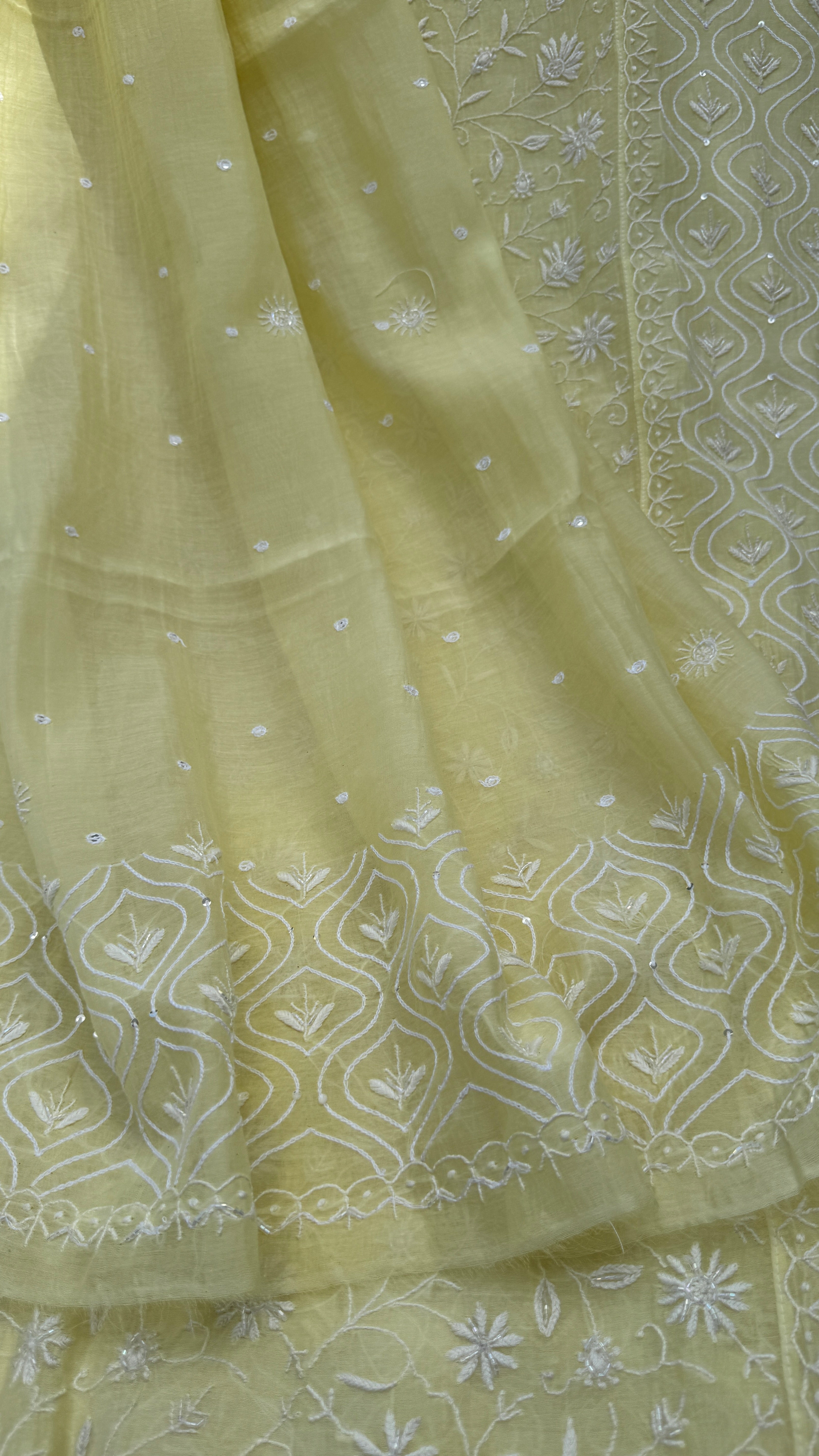 Mul Chanderi Chikankari - Unstitched Set - Butter Cream Yellow