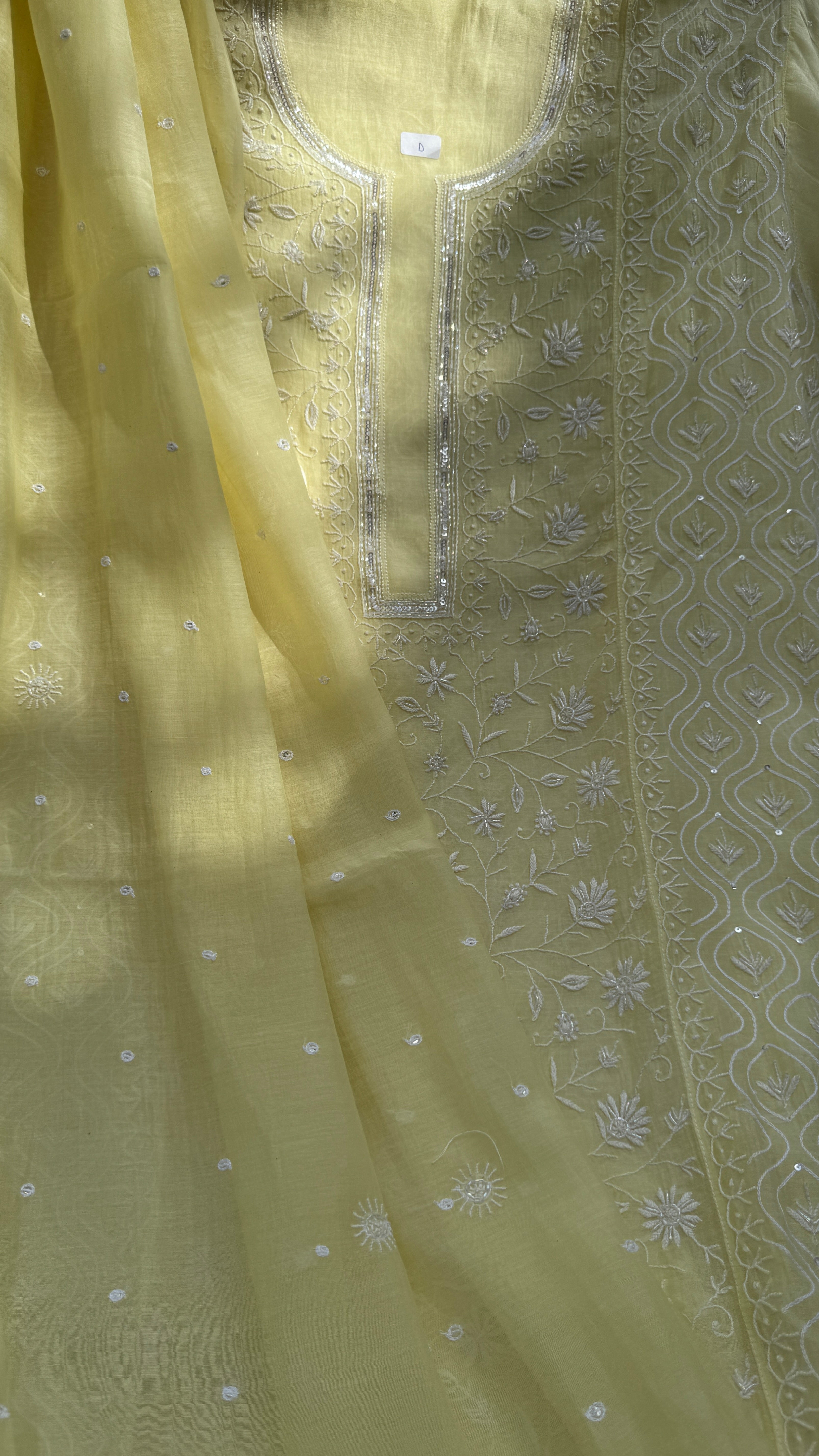 Mul Chanderi Chikankari - Unstitched Set - Butter Cream Yellow