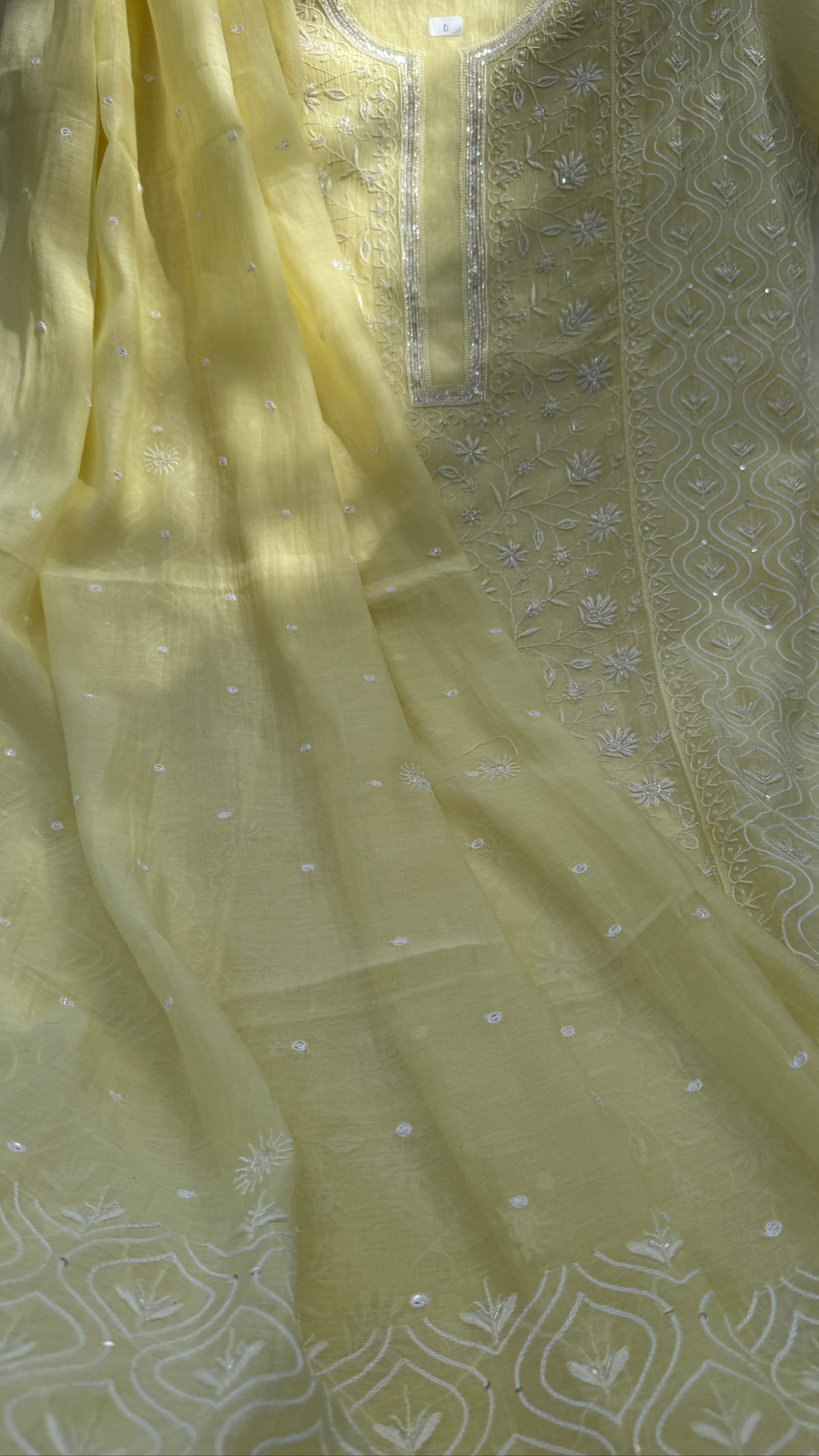 Mul Chanderi Chikankari - Unstitched Set - Butter Cream Yellow