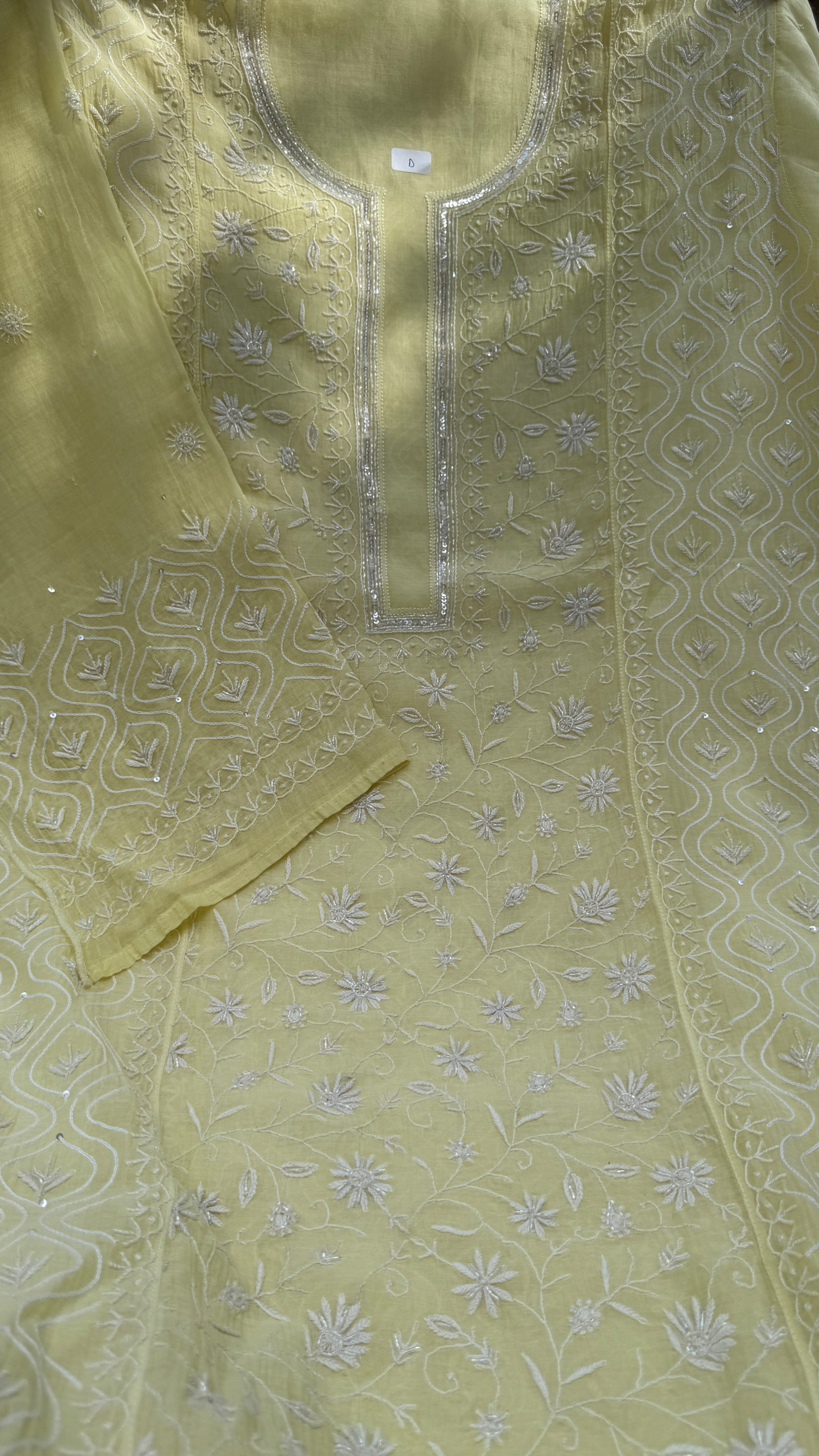 Mul Chanderi Chikankari - Unstitched Set - Butter Cream Yellow