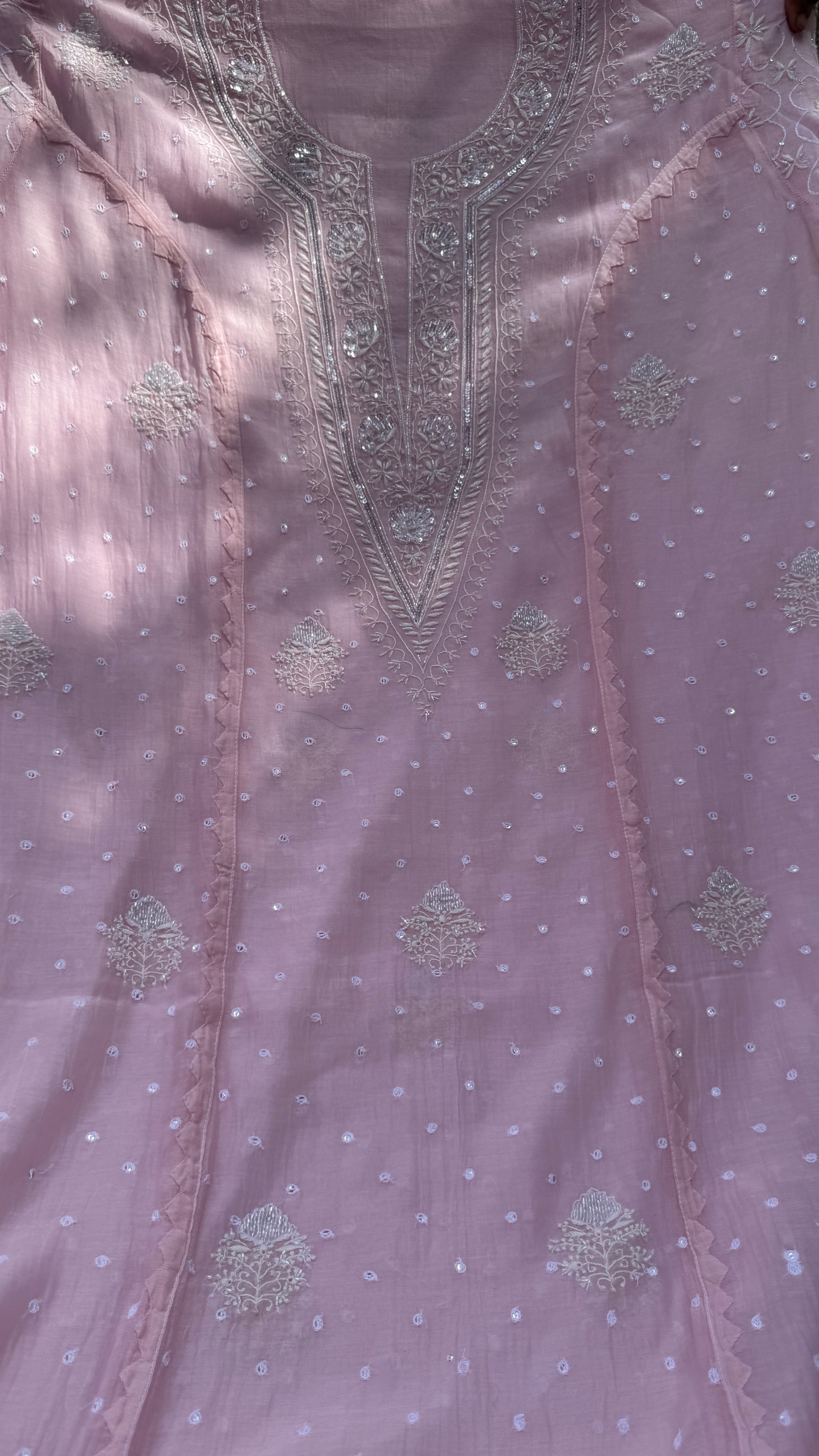 Mul Chanderi Chikankari - Unstitched Set - Pink