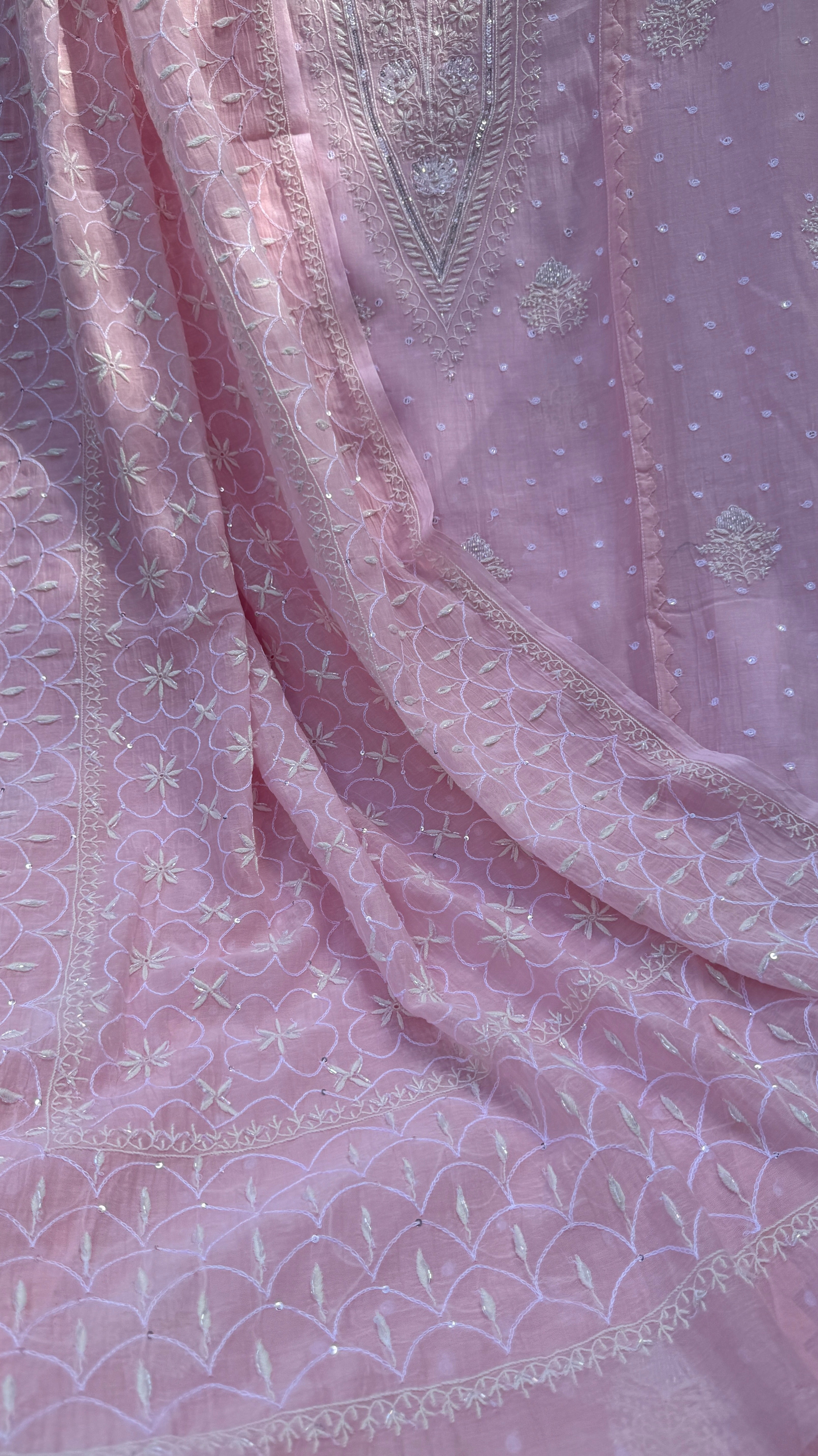 Mul Chanderi Chikankari - Unstitched Set - Pink