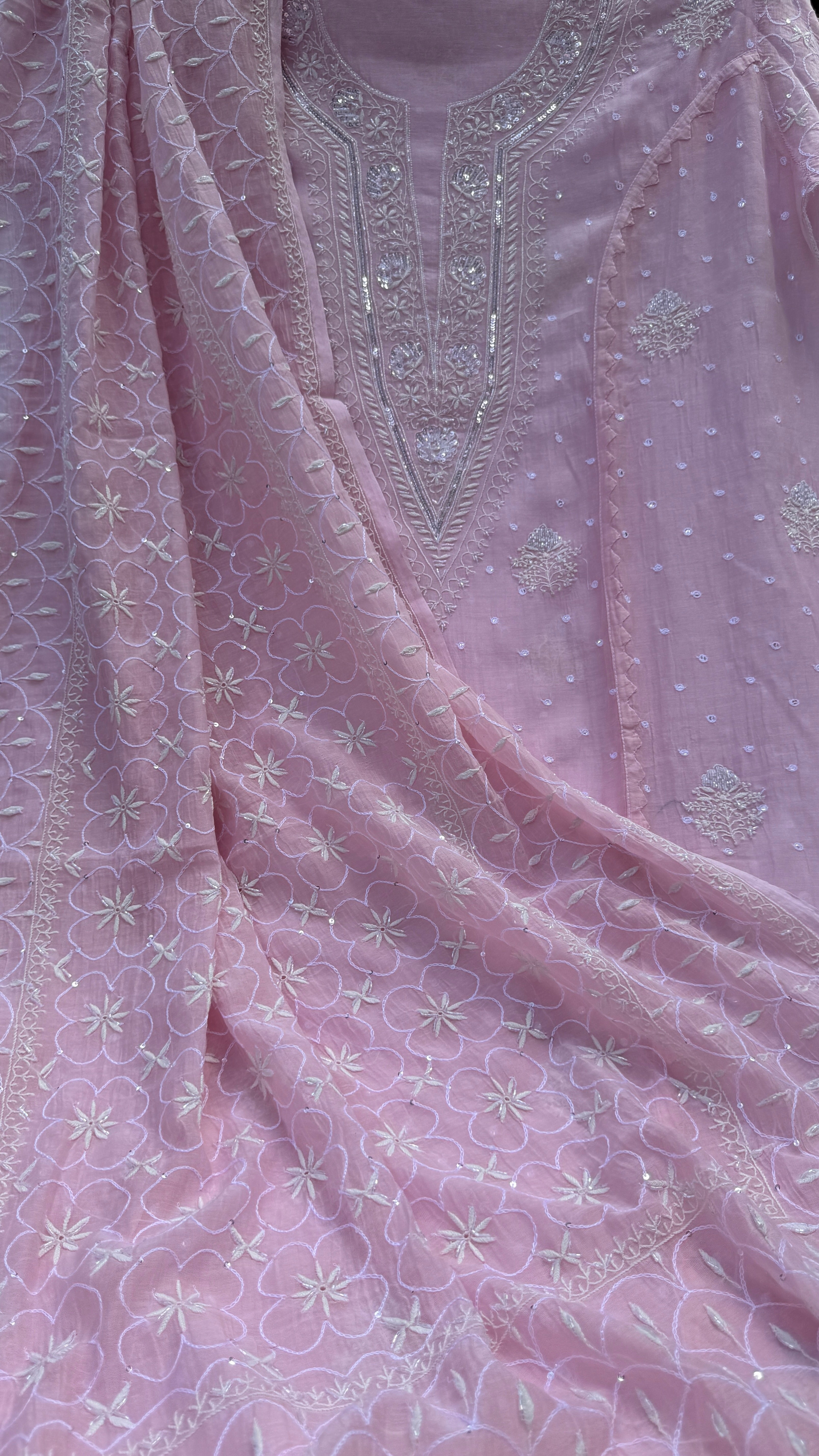 Mul Chanderi Chikankari - Unstitched Set - Pink