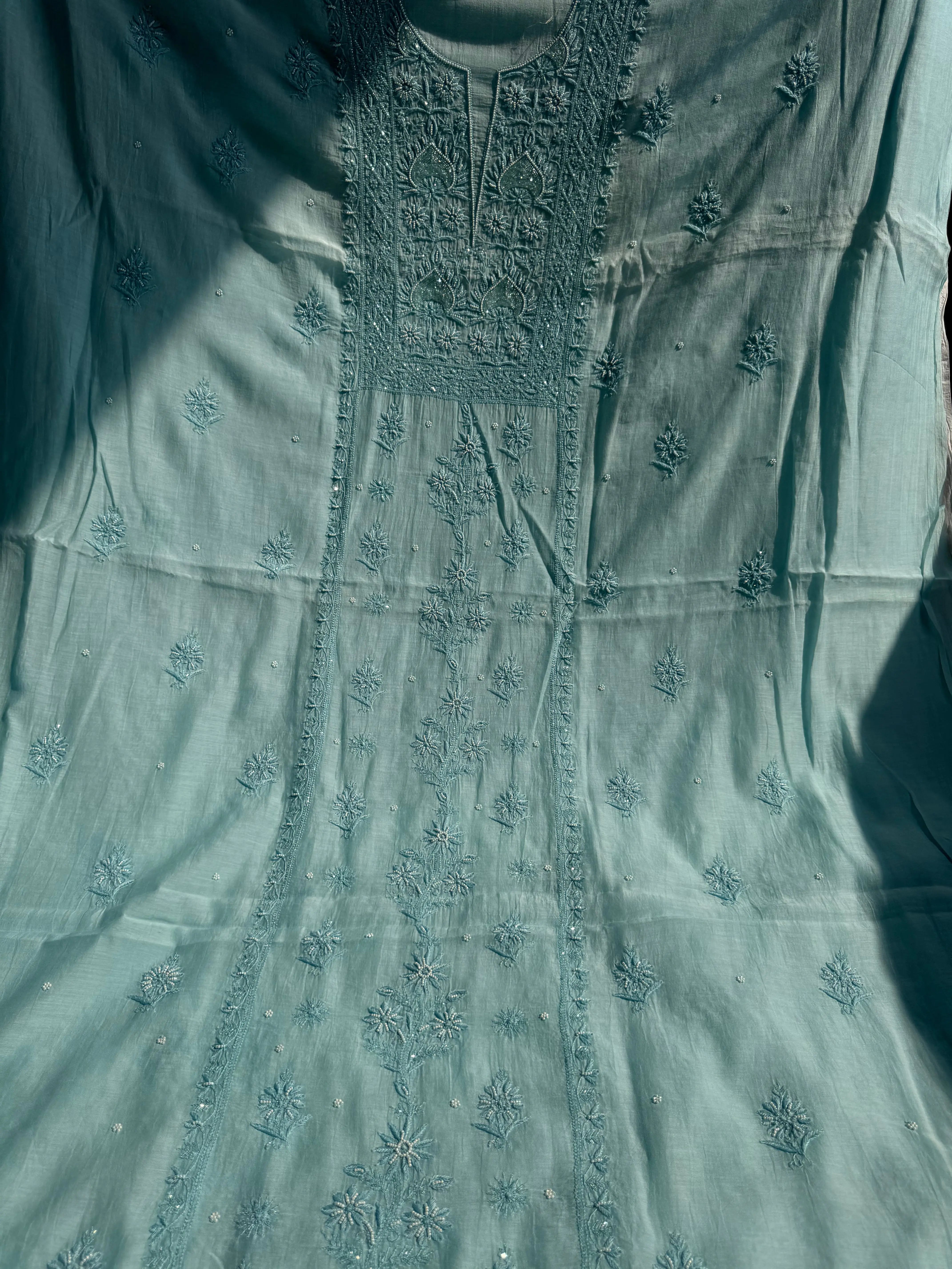 Mul Chanderi Chikankari Anarkali - Blue ARIAA CHIKANKARI 
