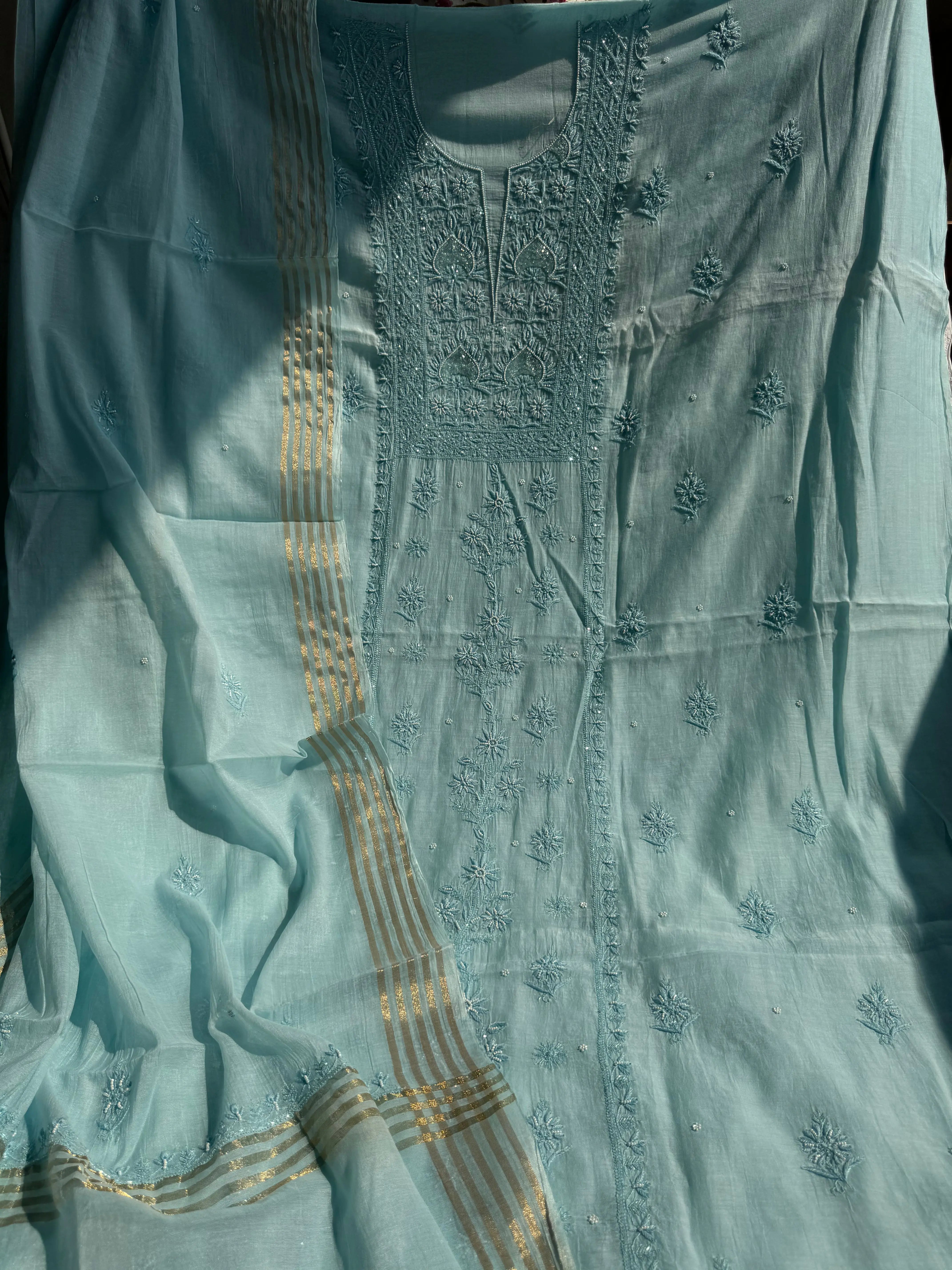 Mul Chanderi Chikankari Anarkali - Blue ARIAA CHIKANKARI 