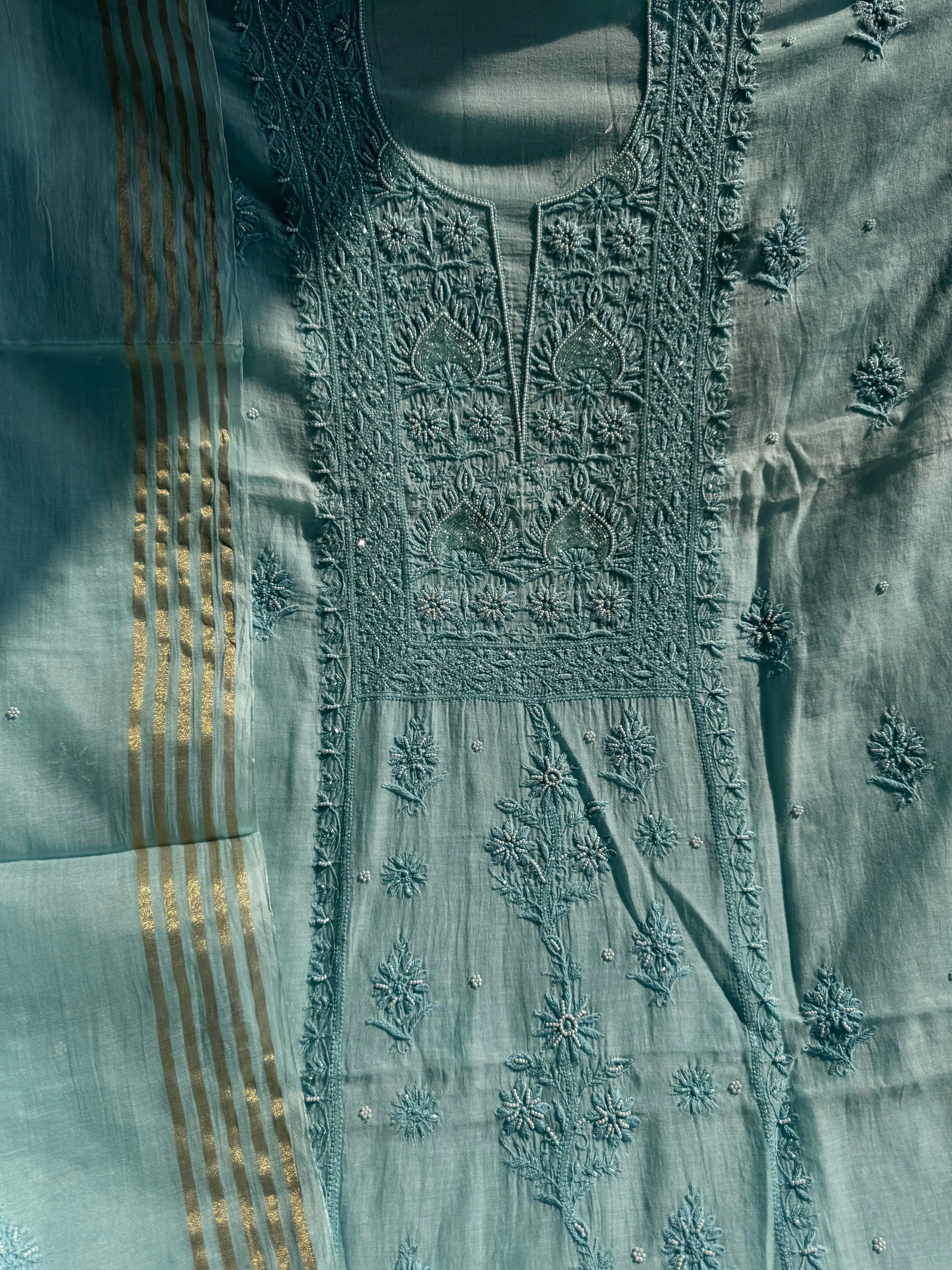 Mul Chanderi Chikankari Anarkali - Blue ARIAA CHIKANKARI 