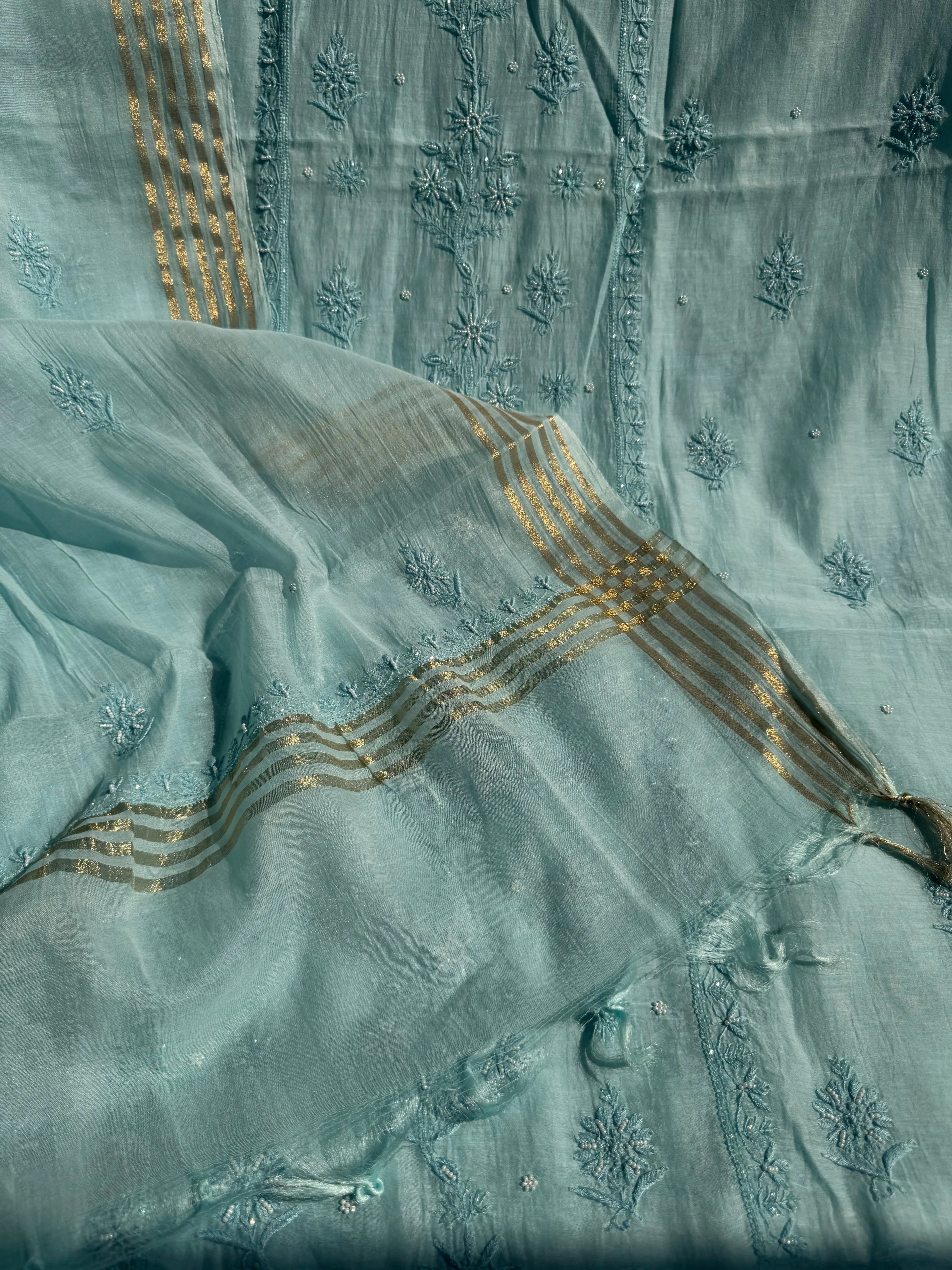 Mul Chanderi Chikankari Anarkali - Blue ARIAA CHIKANKARI 