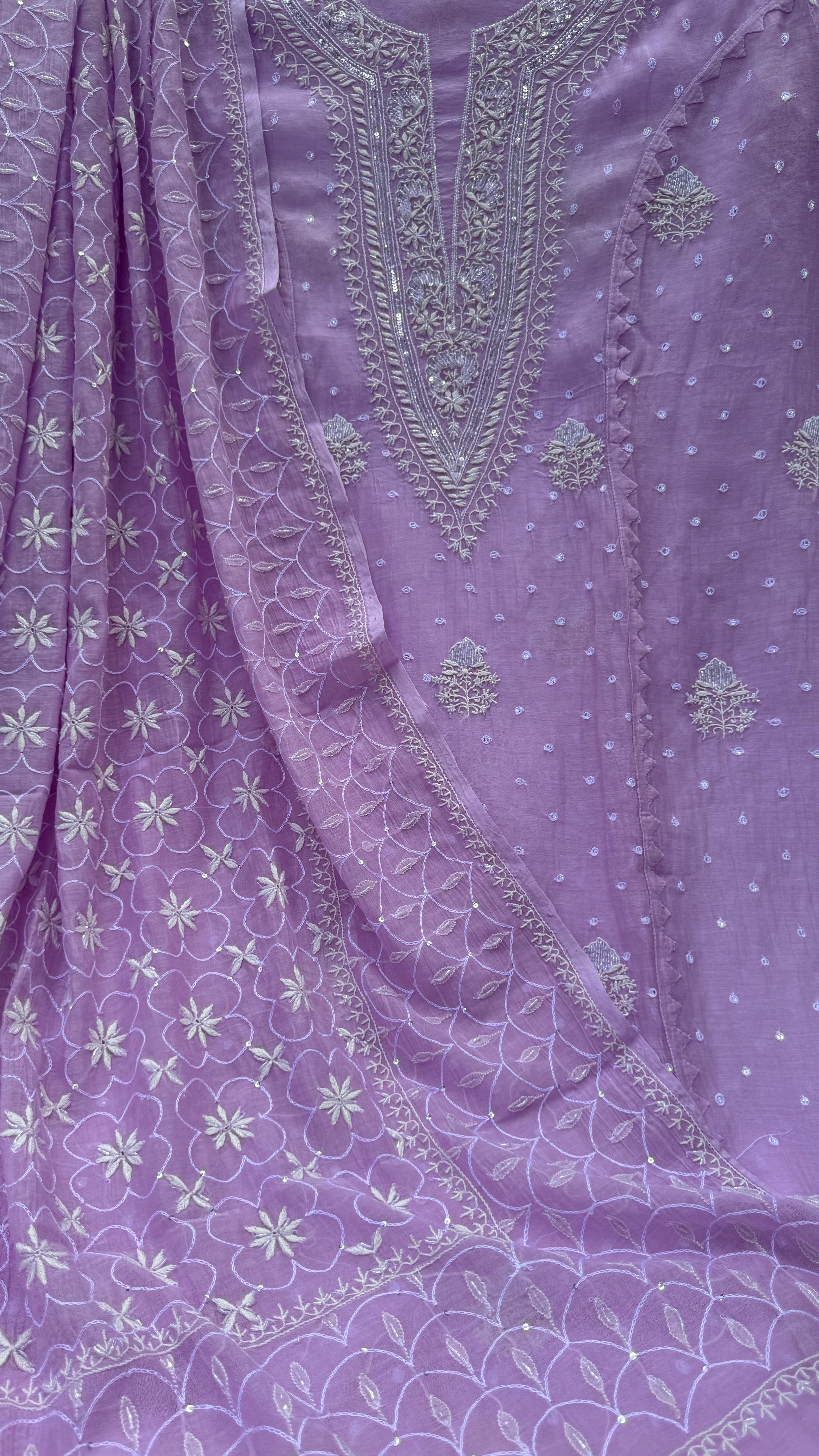 Mul Chanderi Chikankari - Unstitched Set - Lilac