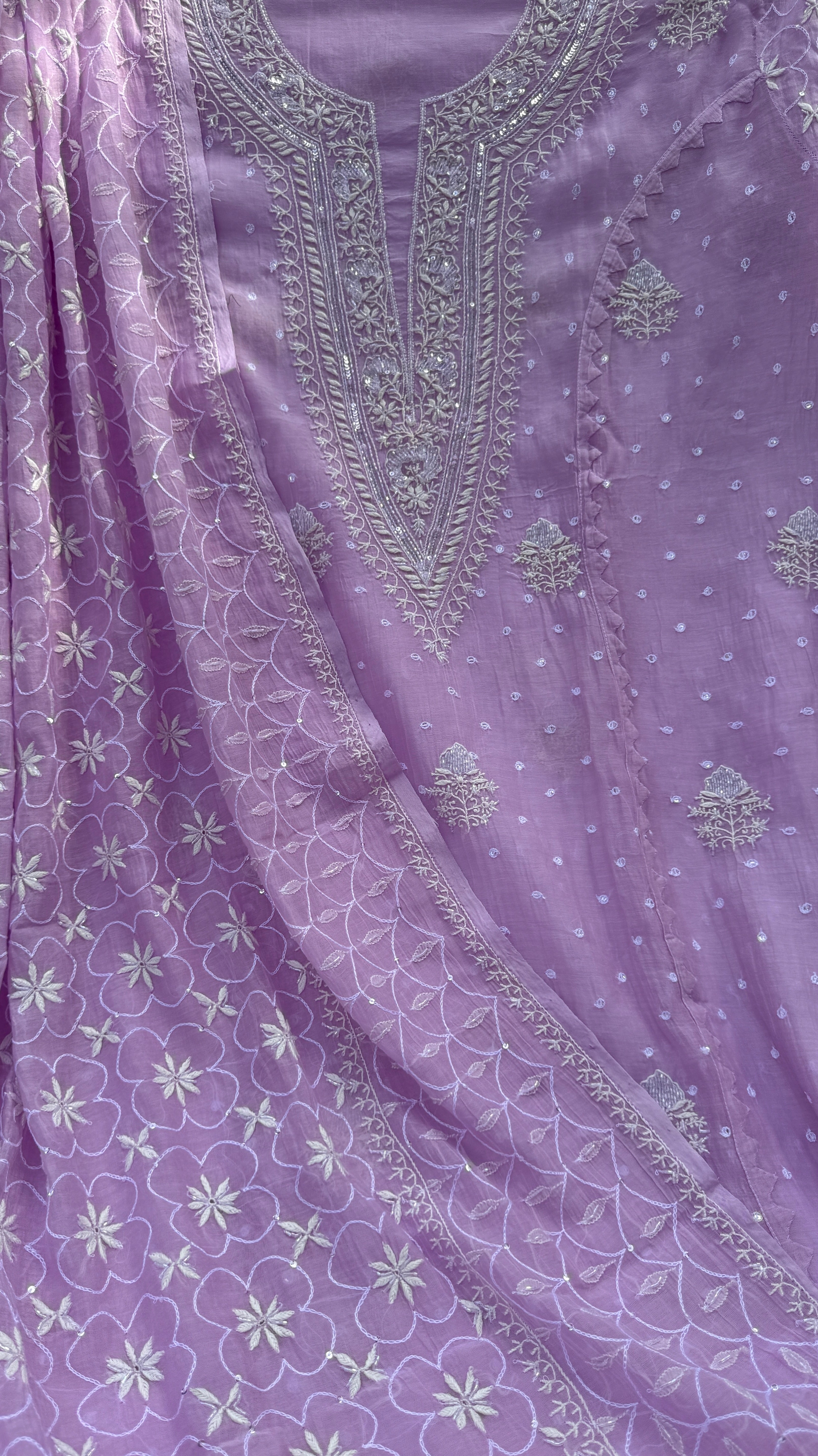 Mul Chanderi Chikankari - Unstitched Set - Lilac