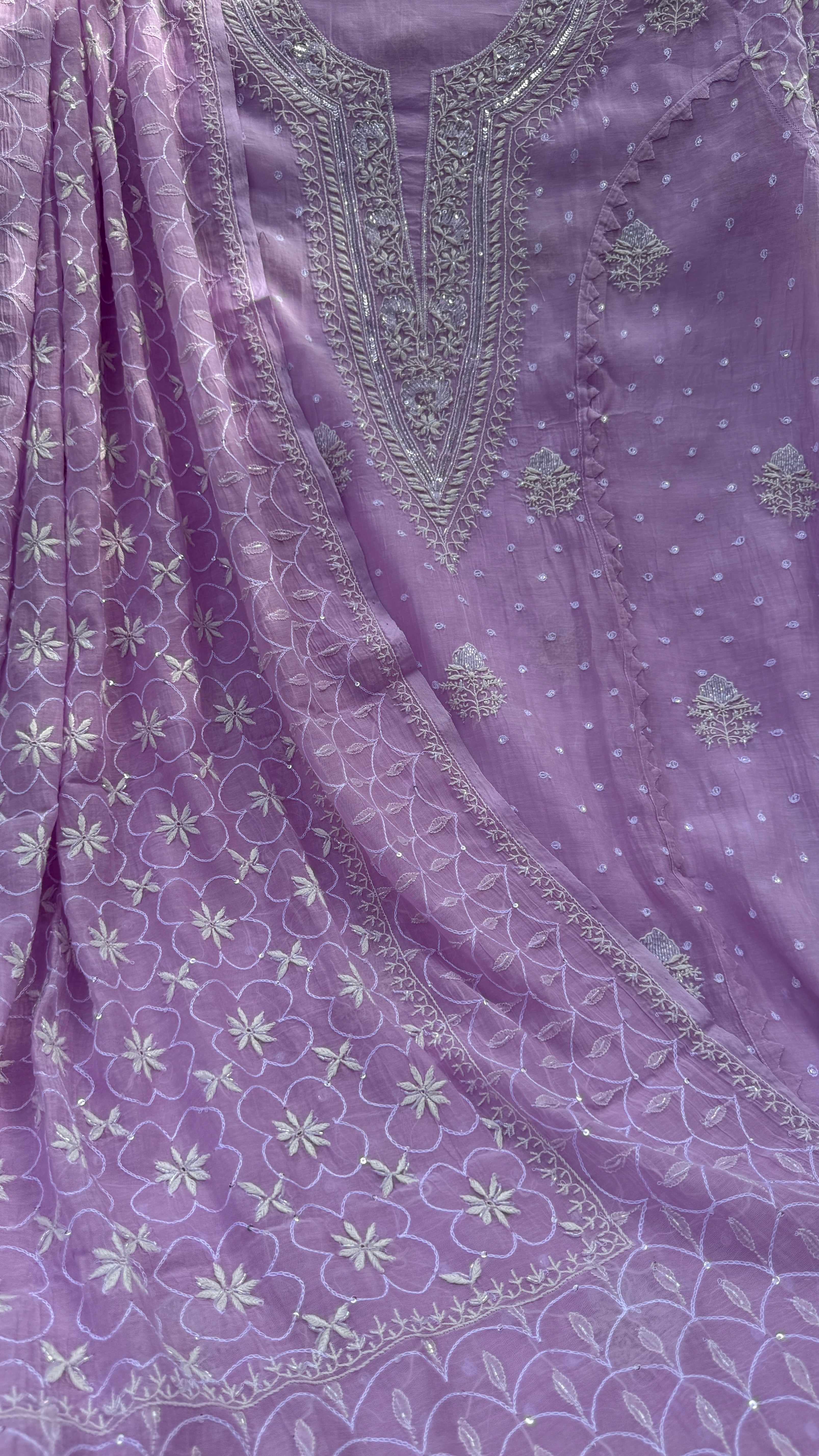 Mul Chanderi Chikankari - Unstitched Set - Lilac