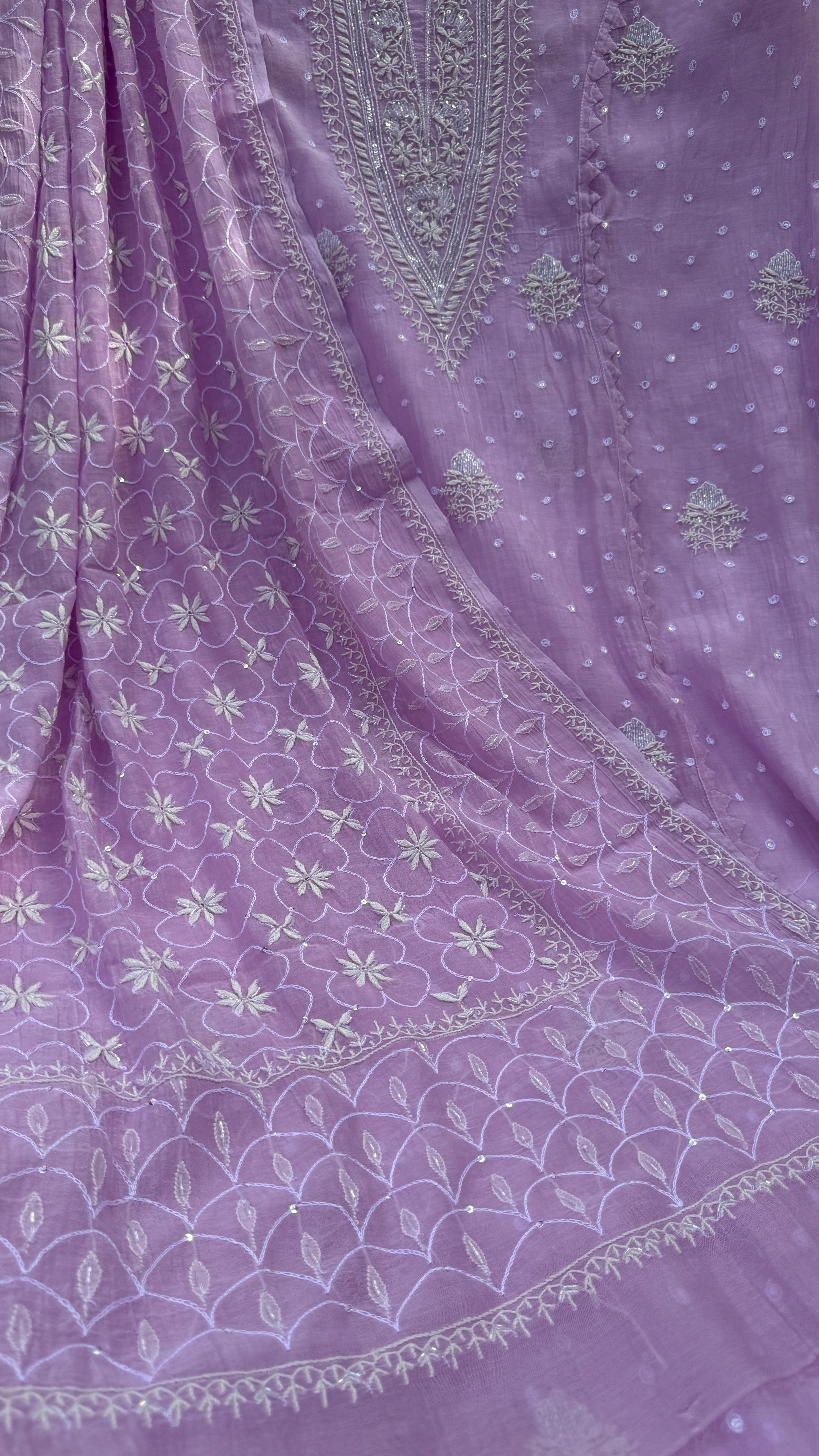 Mul Chanderi Chikankari - Unstitched Set - Lilac
