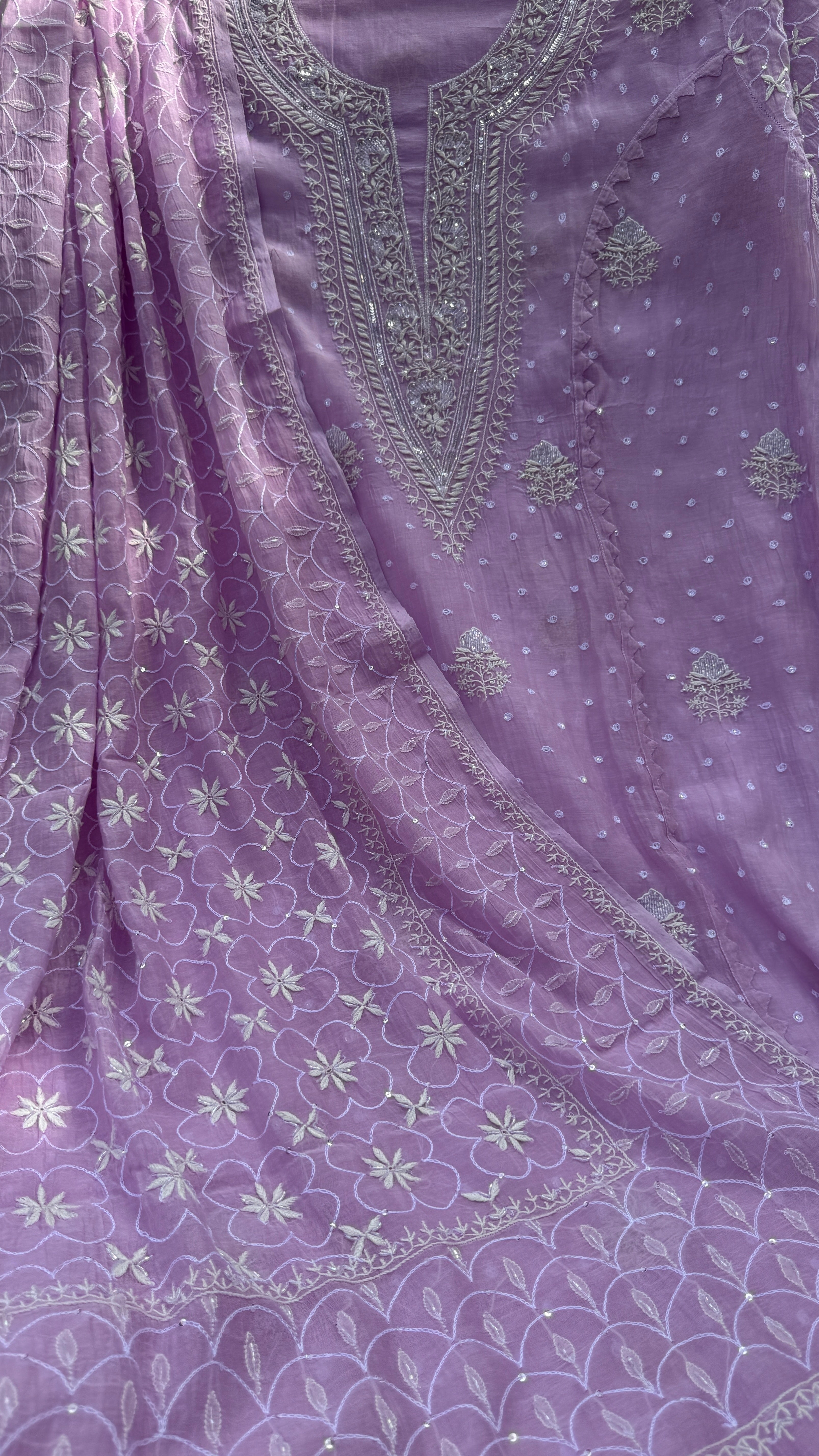 Mul Chanderi Chikankari - Unstitched Set - Lilac