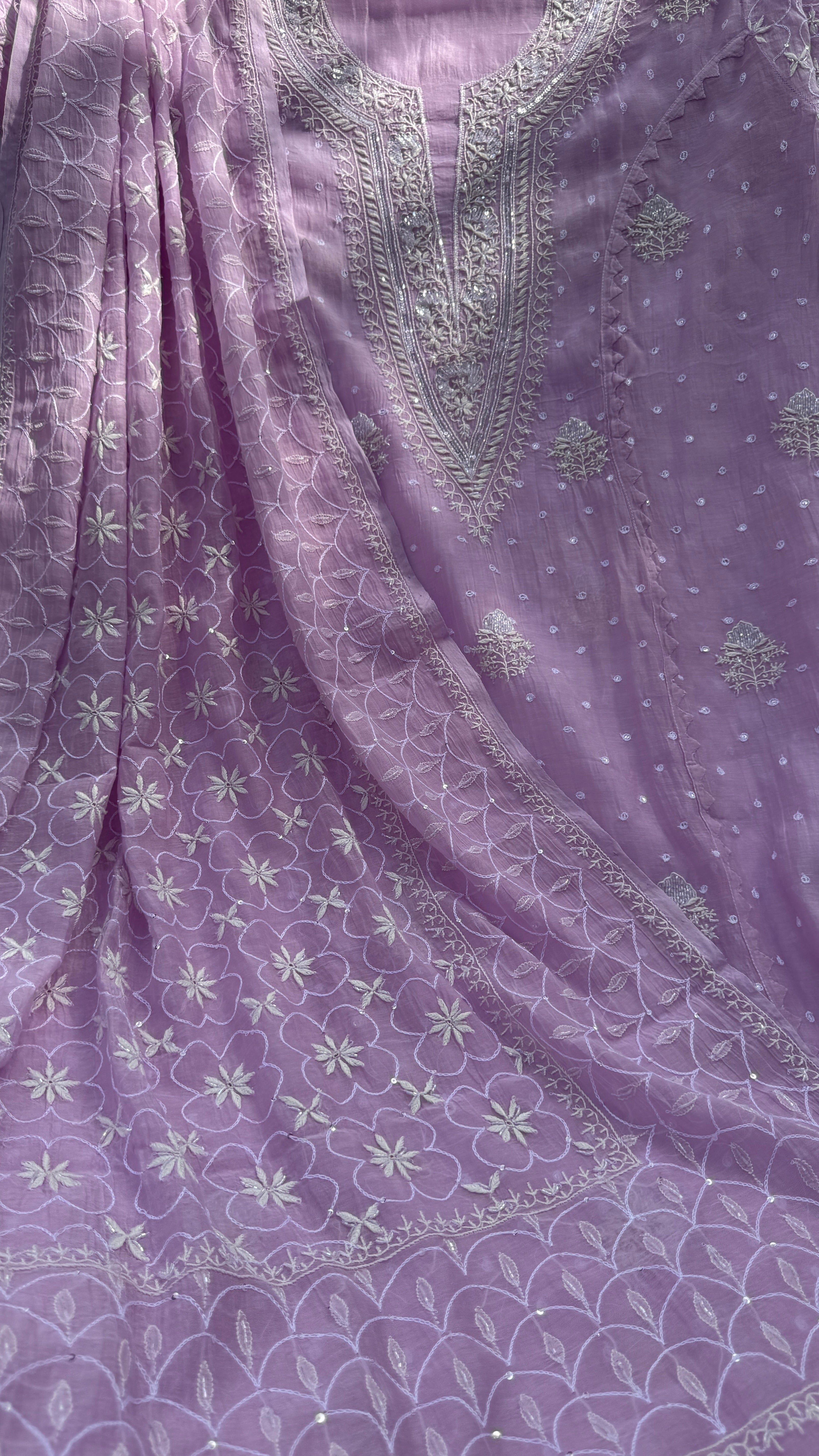 Mul Chanderi Chikankari - Unstitched Set - Lilac