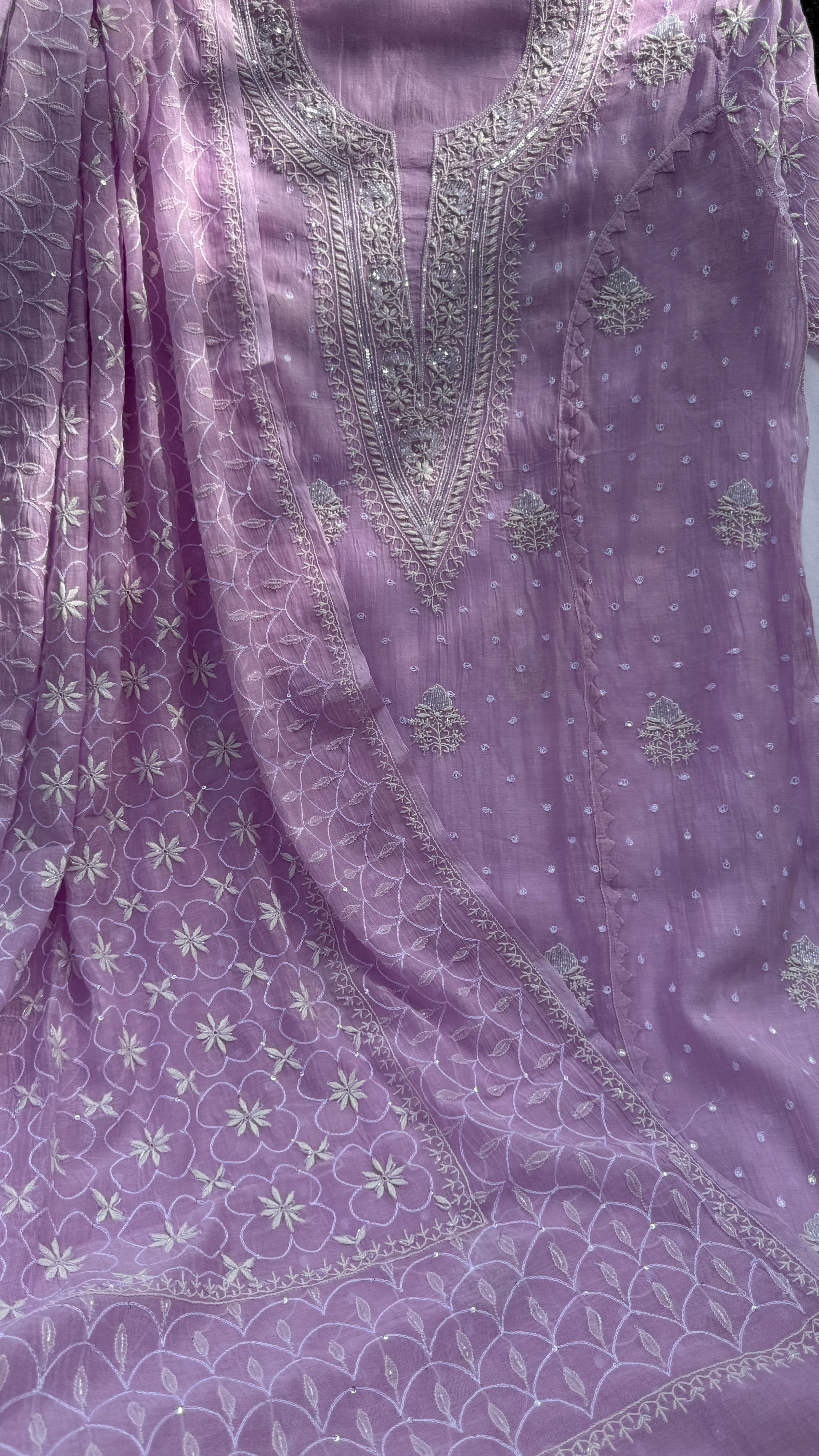 Mul Chanderi Chikankari - Unstitched Set - Lilac