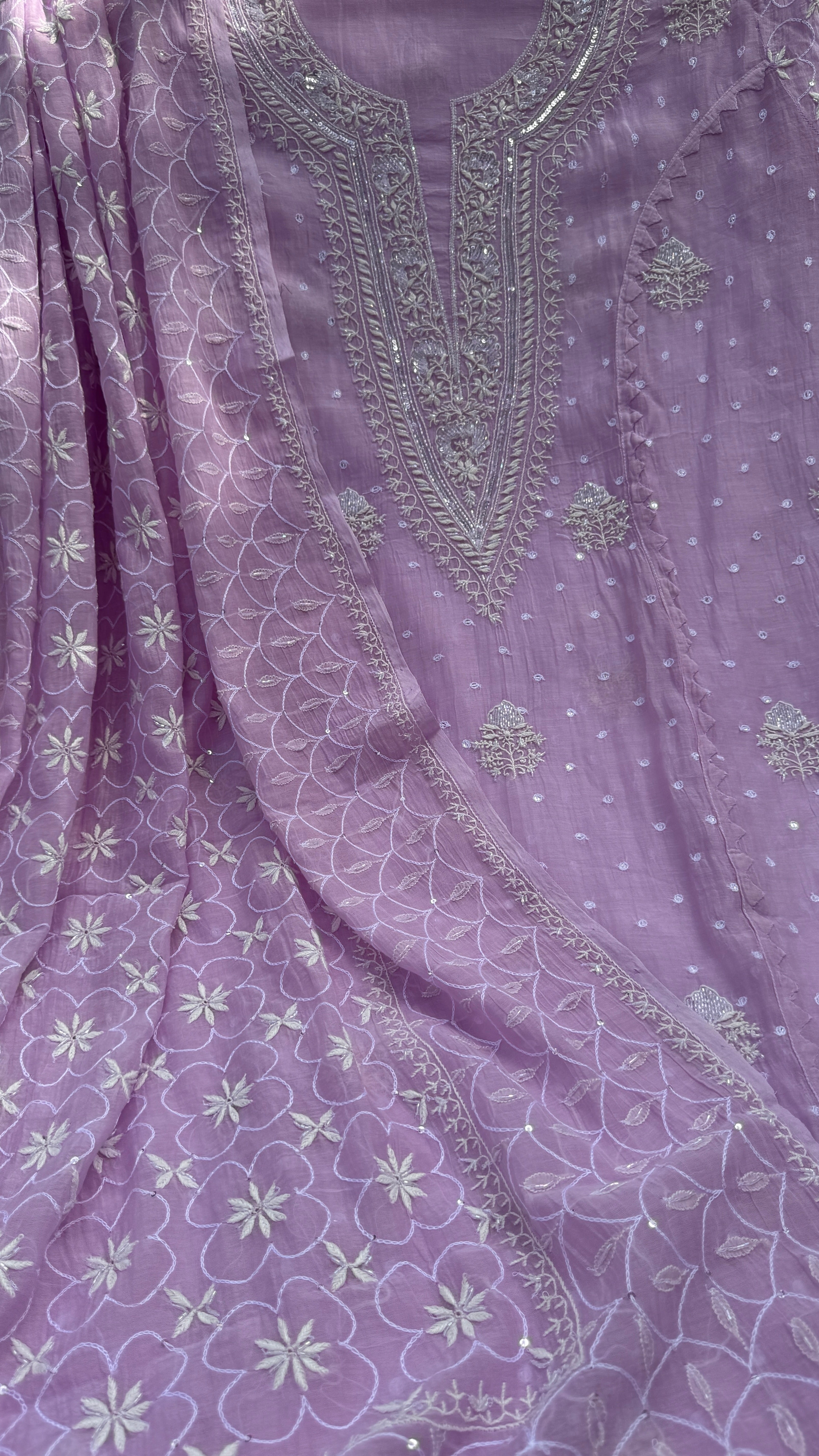 Mul Chanderi Chikankari - Unstitched Set - Lilac