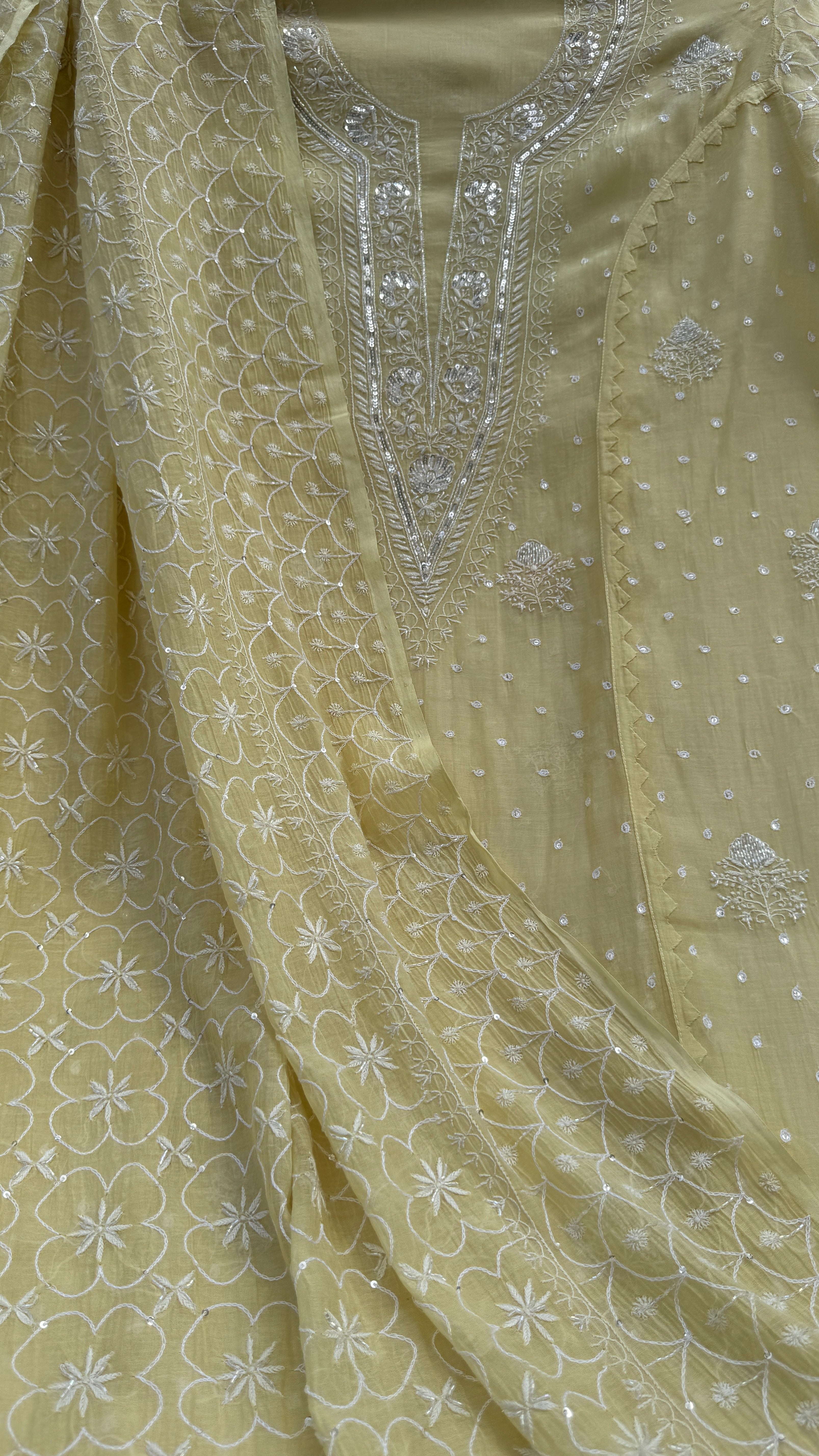 Mul Chanderi Chikankari - Unstitched Set - Butter Yellow