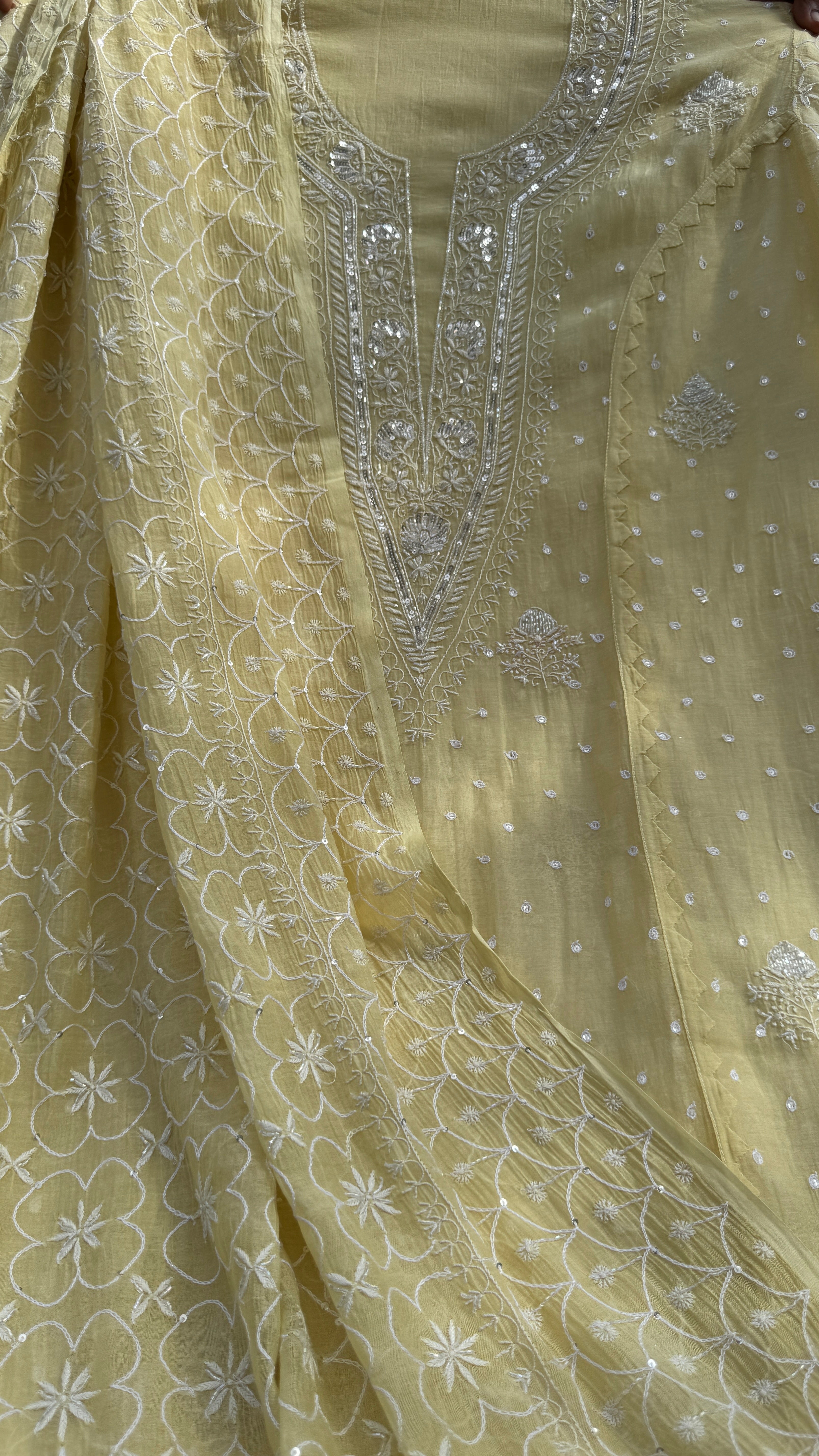 Mul Chanderi Chikankari - Unstitched Set - Butter Yellow
