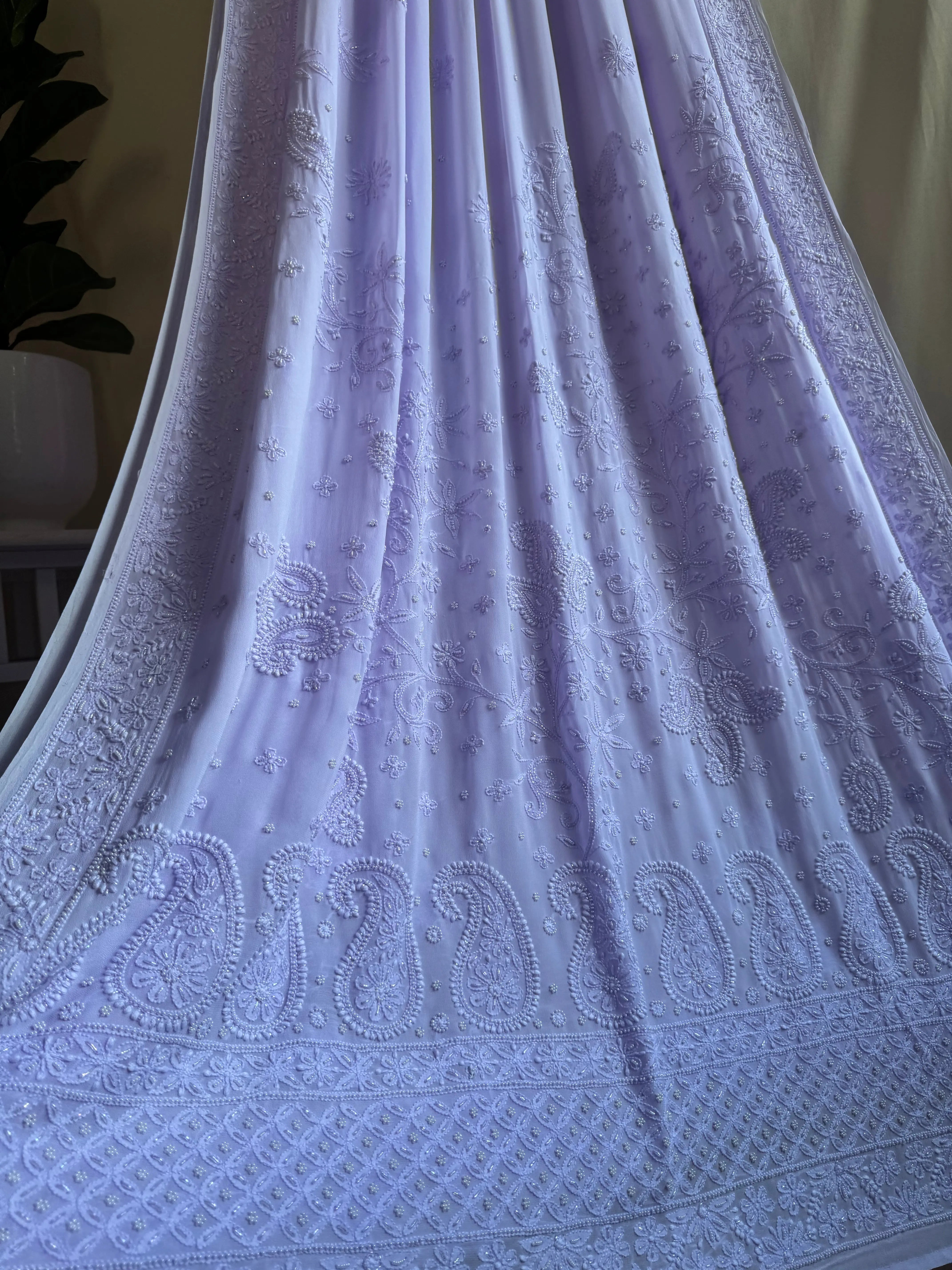 Lilac Chikankari saree with Pearl embellishments ARIAA CHIKANKARI 