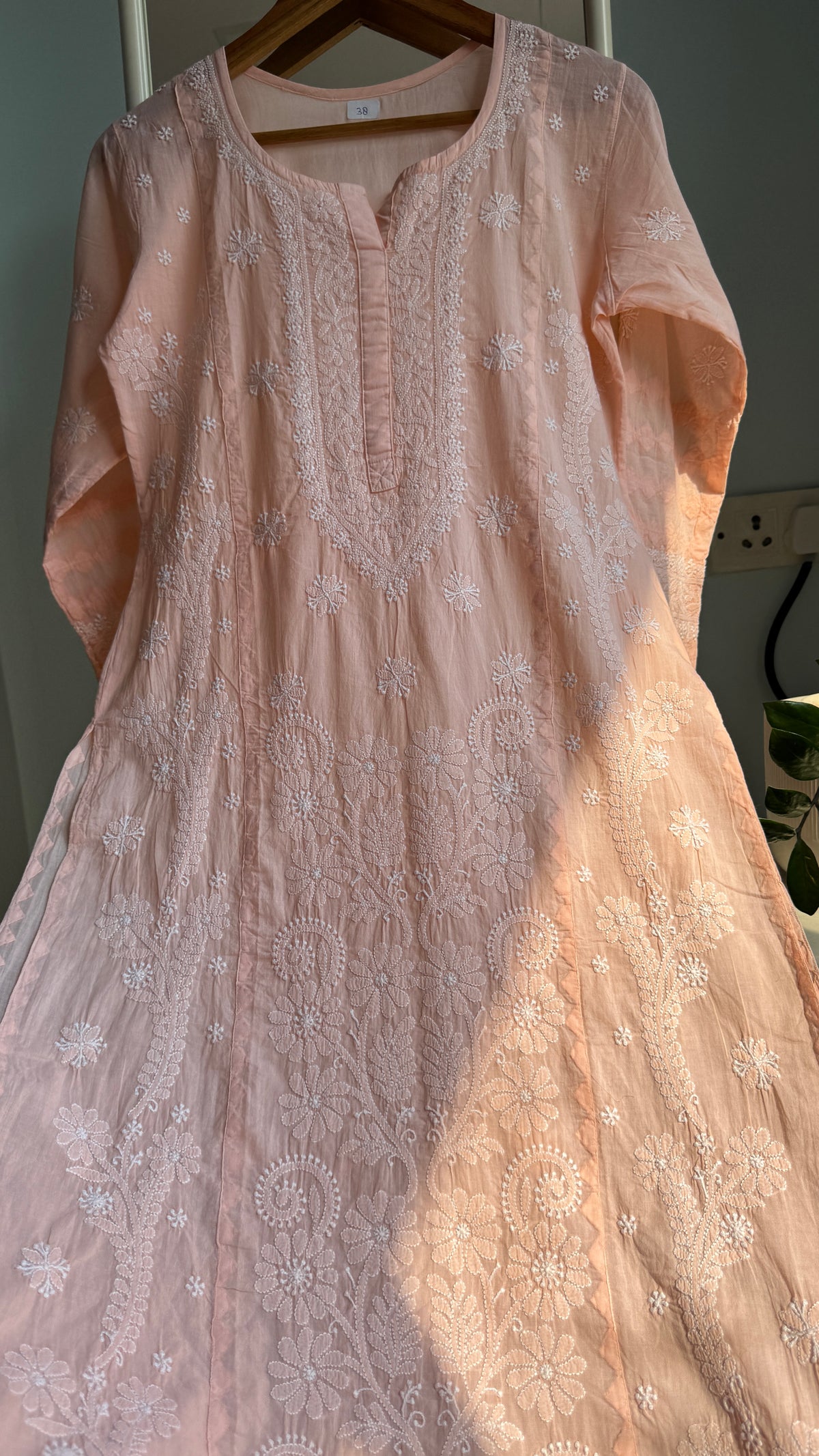 Mul Cotton Chikankari Kurti - Peach - Fiza Collection