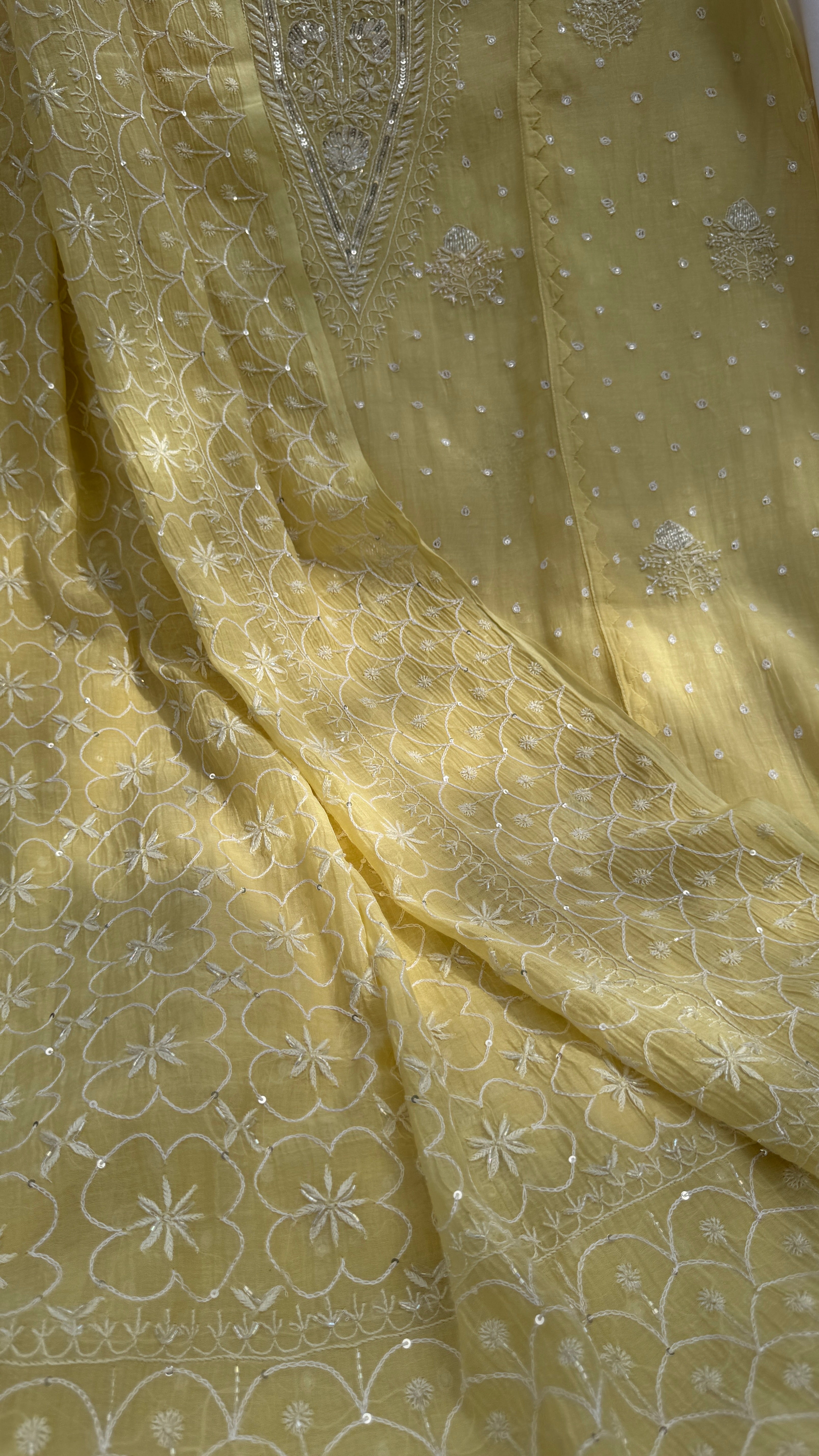 Mul Chanderi Chikankari - Unstitched Set - Butter Yellow