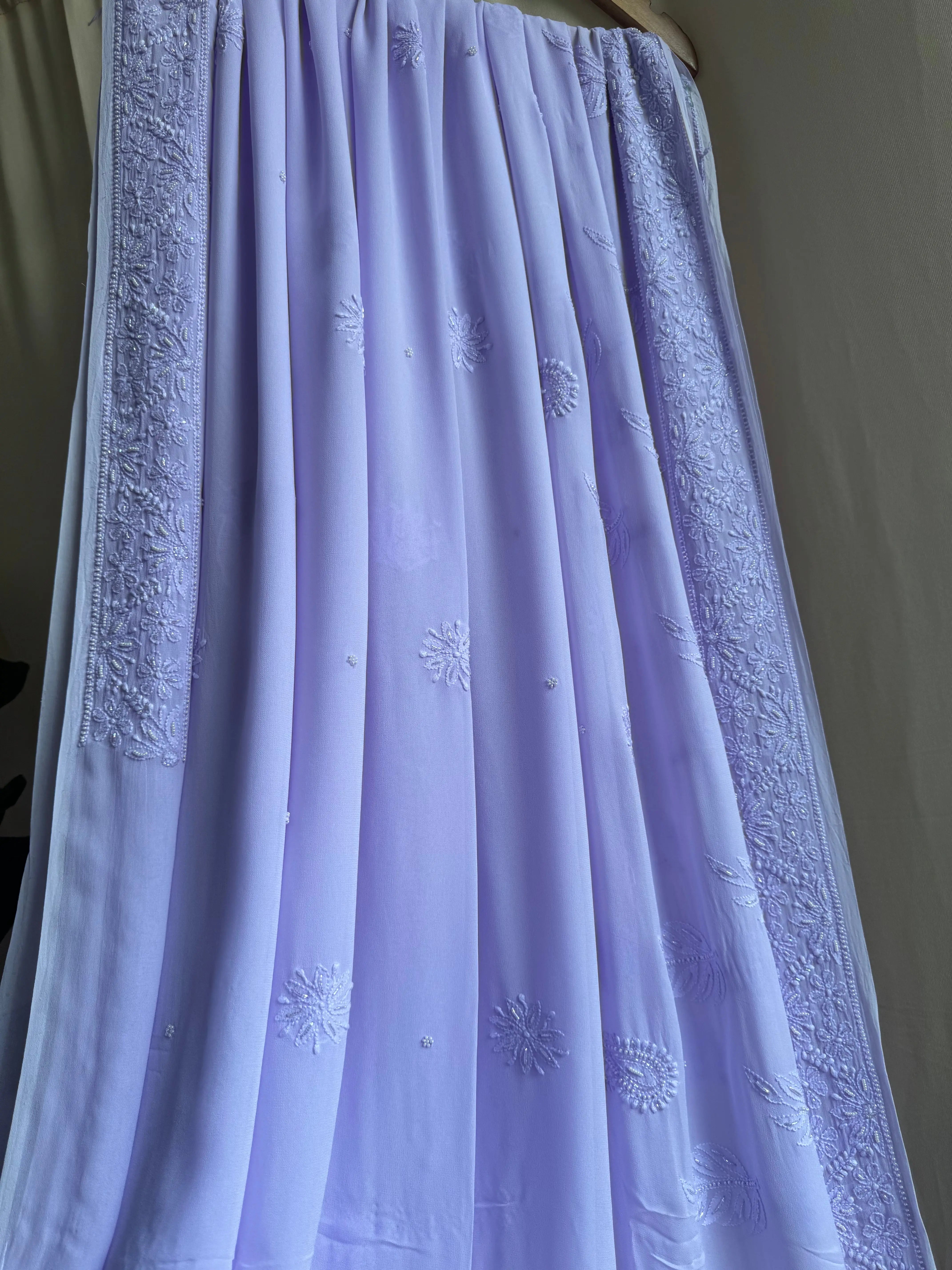 Lilac Chikankari saree with Pearl embellishments ARIAA CHIKANKARI 