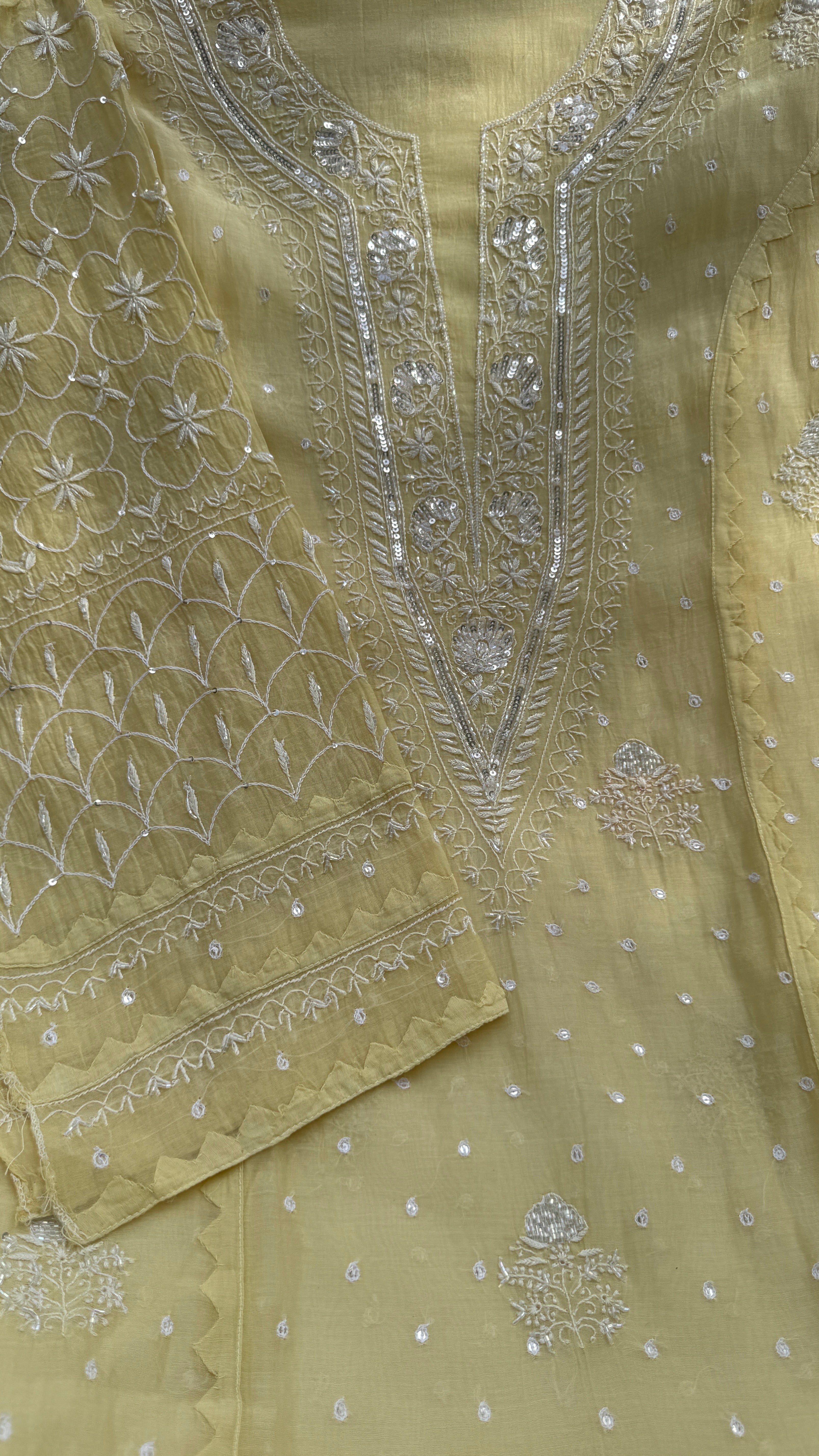 Mul Chanderi Chikankari - Unstitched Set - Butter Yellow